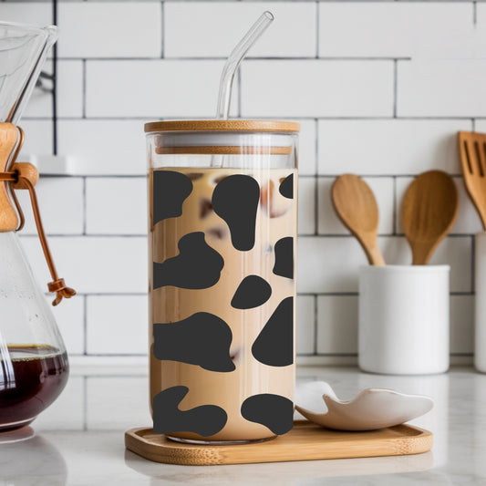 Cow Pattern 16 oz Glass Tumbler with bamboo lid and glass straw