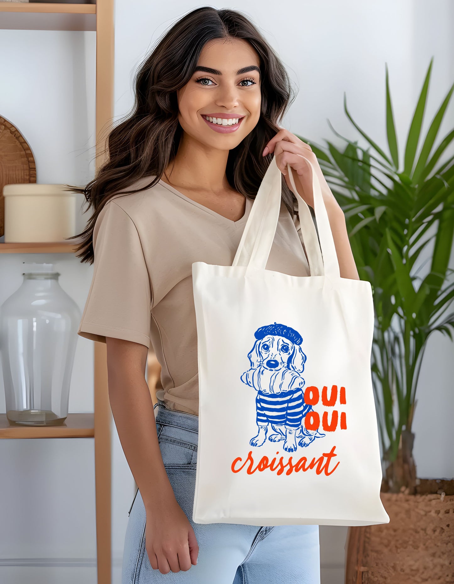 French Dog With Croissant Tote Bag