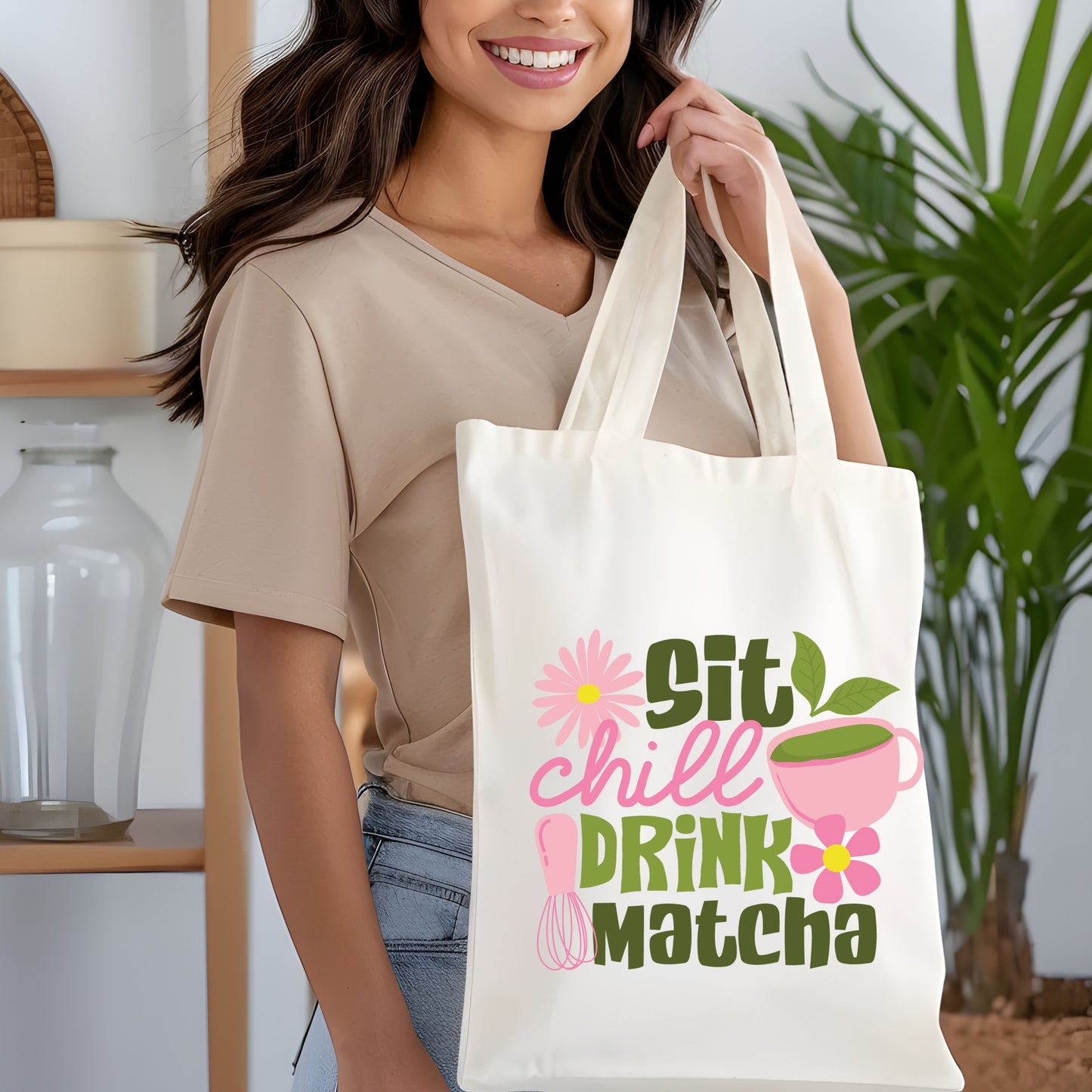 Sit, Chill, Drink, Matcha Cotton Tote Bag.