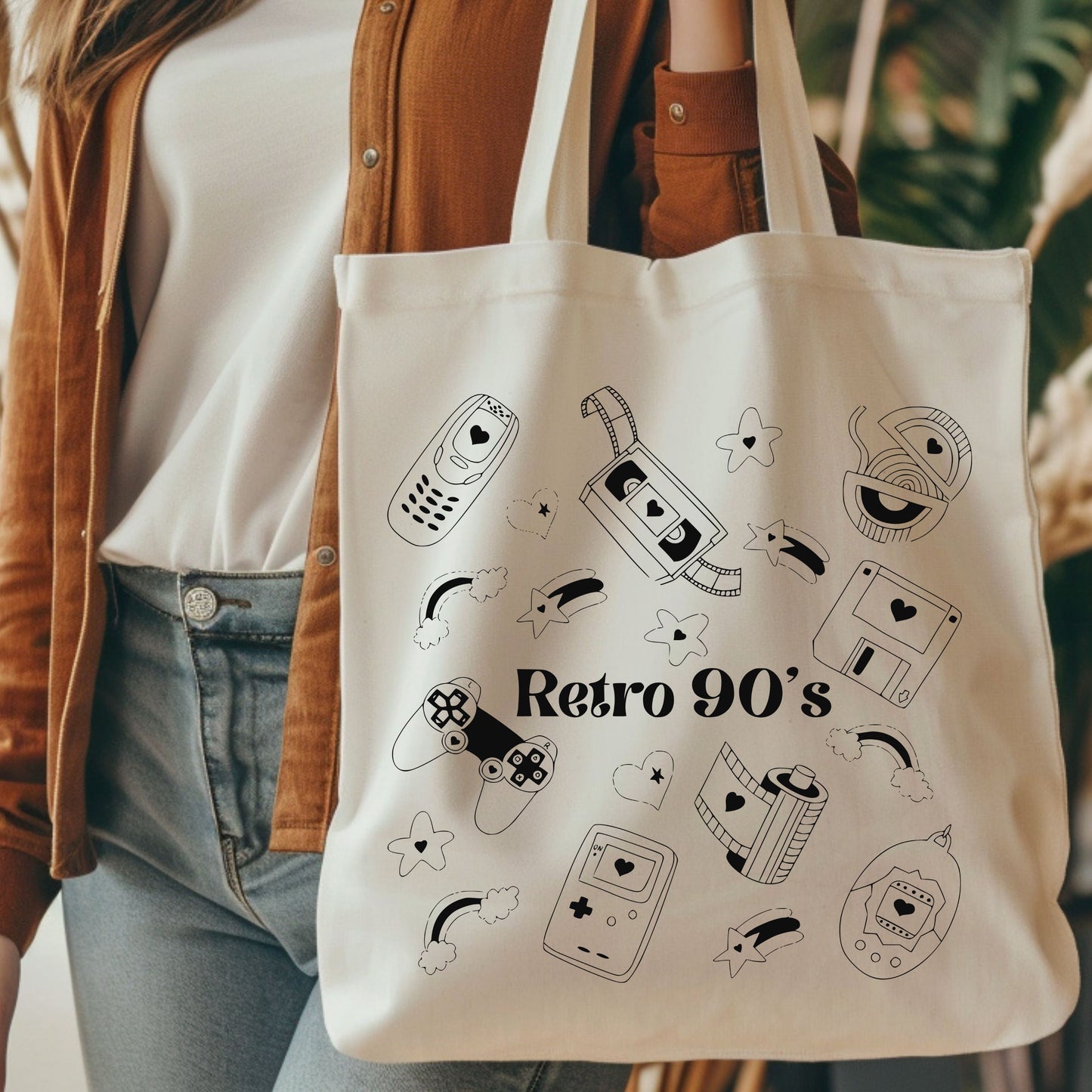 Retro 90's Hand Drawn Vintage Style Cotton Tote Bag.