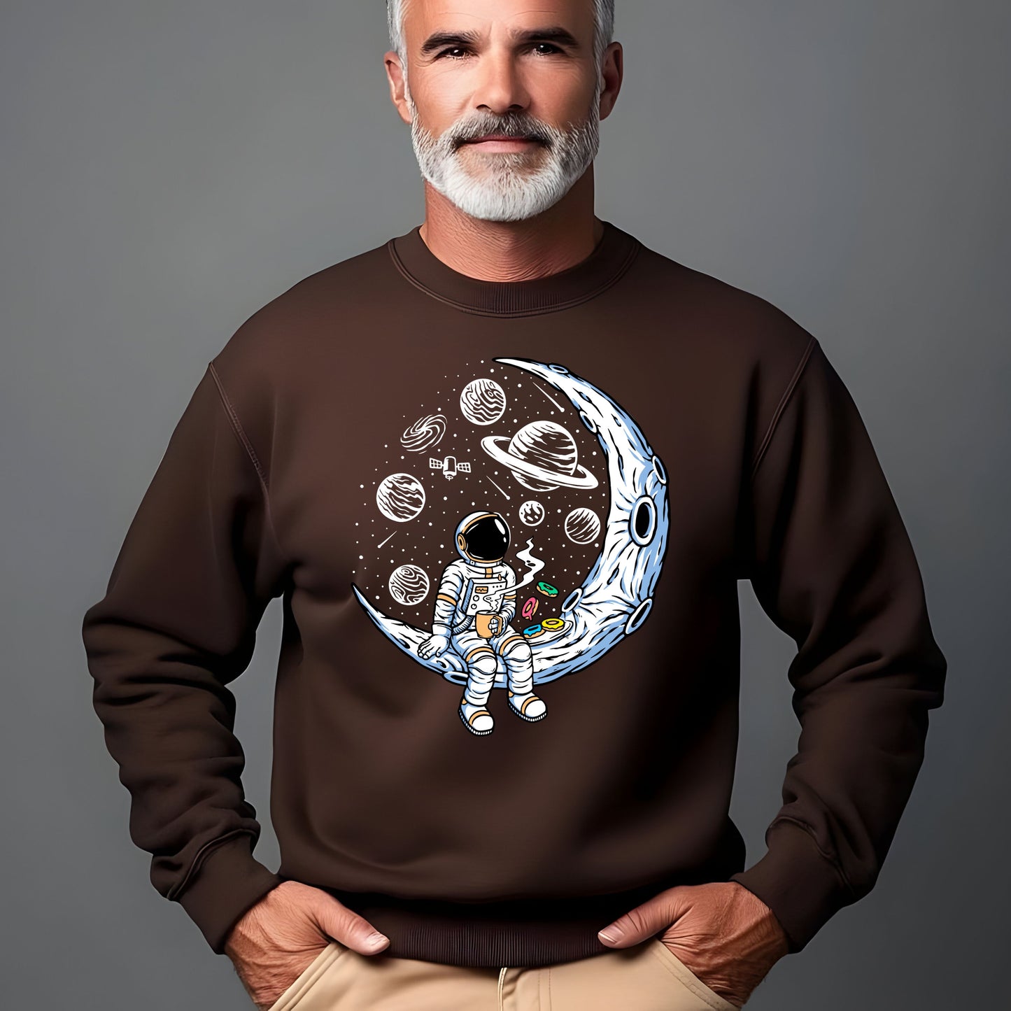 Astronaut with cup of Tea/Coffee with Doughnuts Unisex Sweatshirt.
