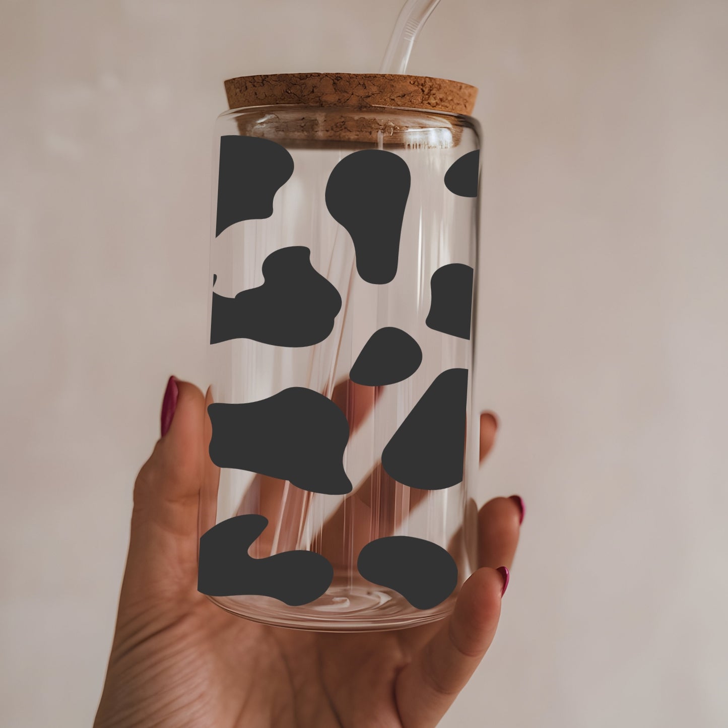 Cow Pattern 16 oz Glass Tumbler with bamboo lid and glass straw