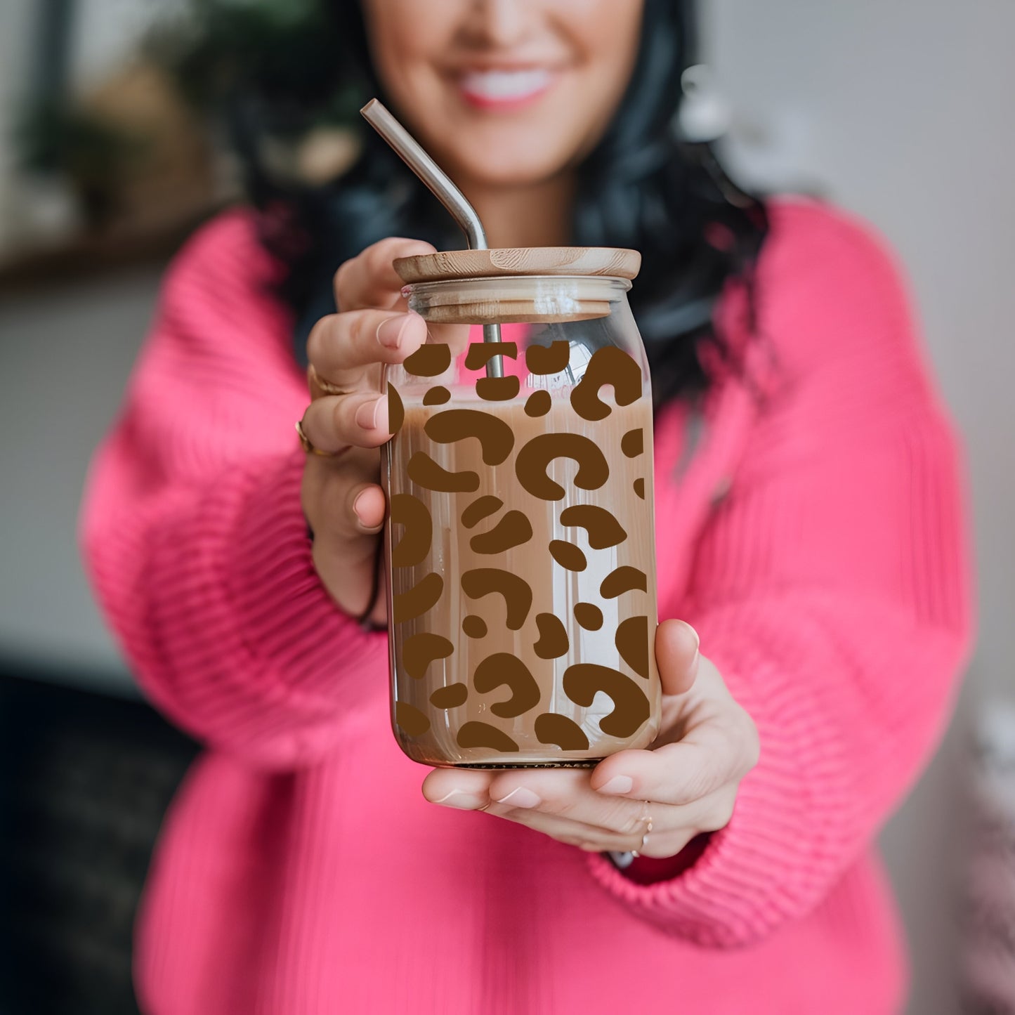 Leopard Pattern 16 oz Glass Tumbler with bamboo lid and glass straw