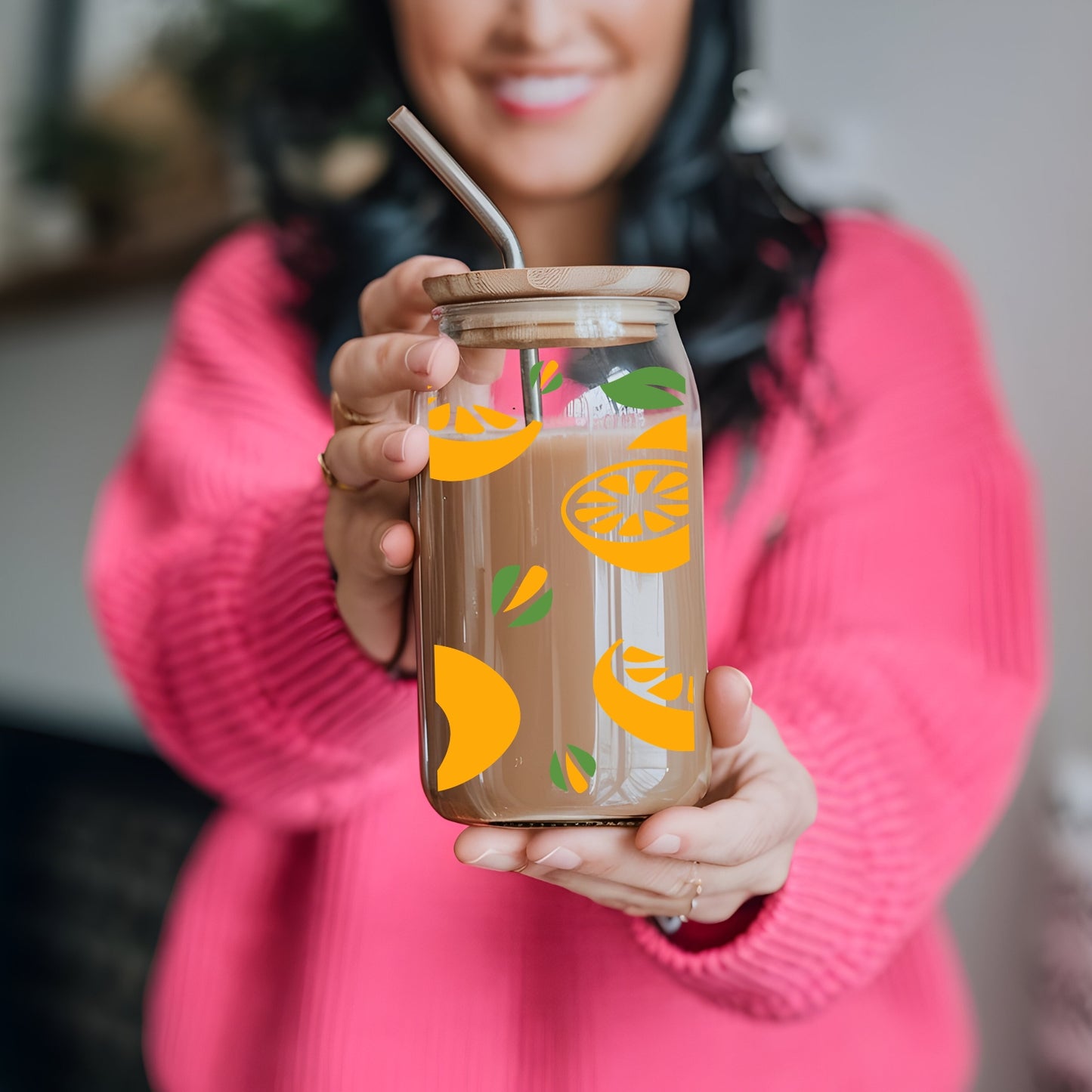 Lemon Slices 16 oz Glass Tumbler with bamboo lid and glass straw