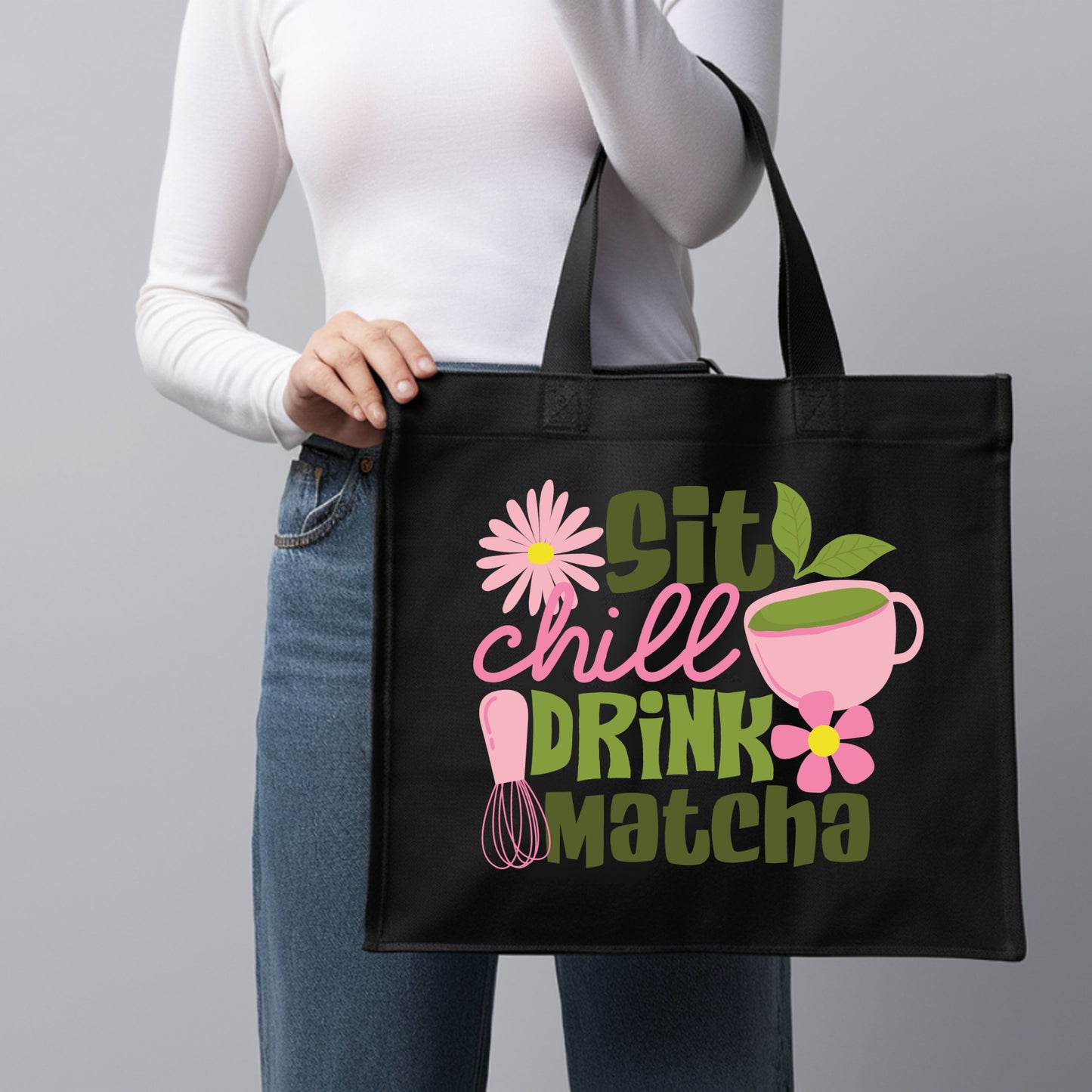Sit, Chill, Drink, Matcha Cotton Tote Bag.