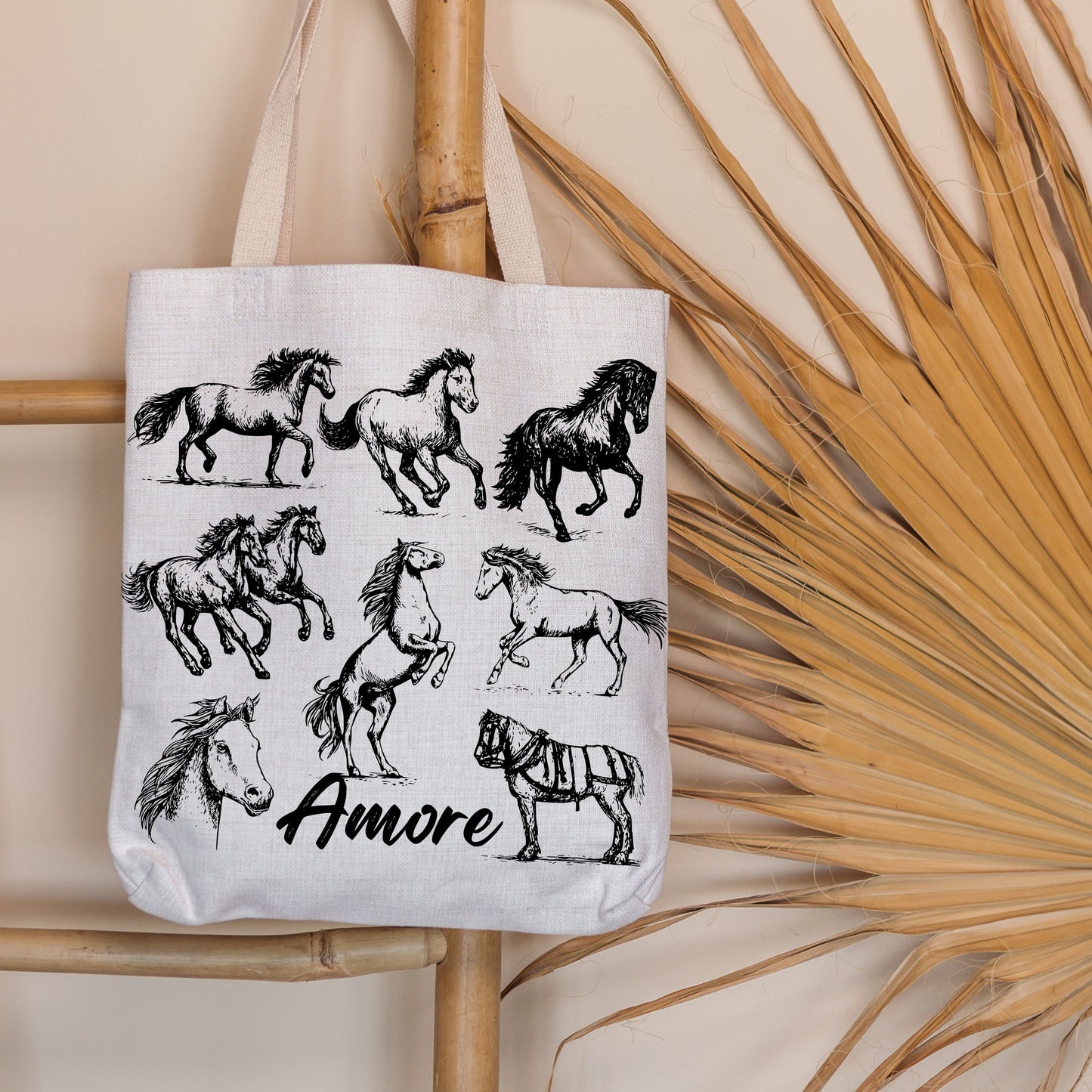 Horses Amore Hand Drawn Vintage Style Cotton Tote Bag.