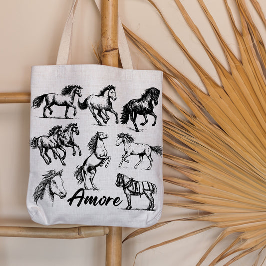 Horses Amore Hand Drawn Vintage Style Cotton Tote Bag.