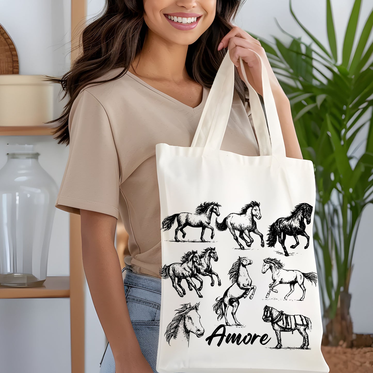 Horses Amore Hand Drawn Vintage Style Cotton Tote Bag.