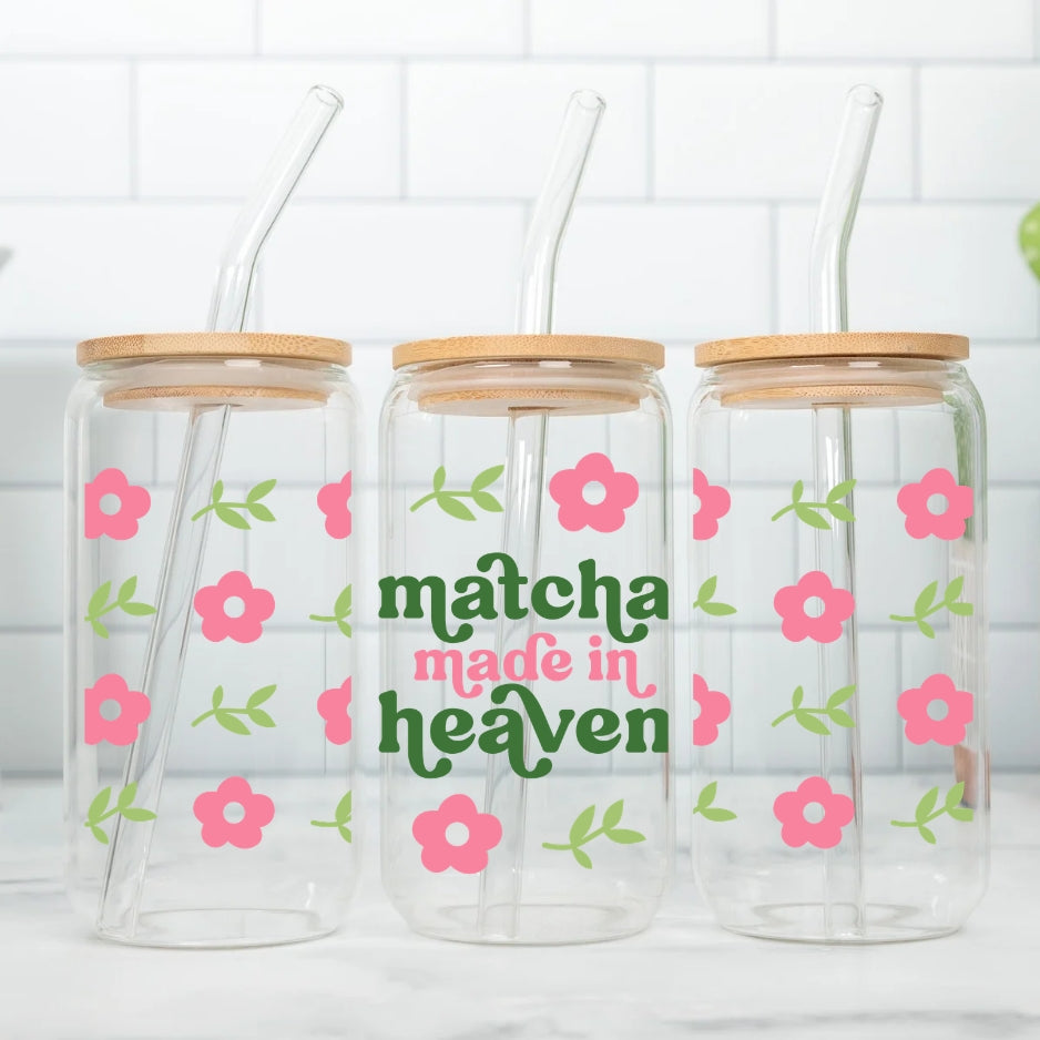 Matcha Made In Heaven 16 oz Glass Tumbler with bamboo lid and glass straw.