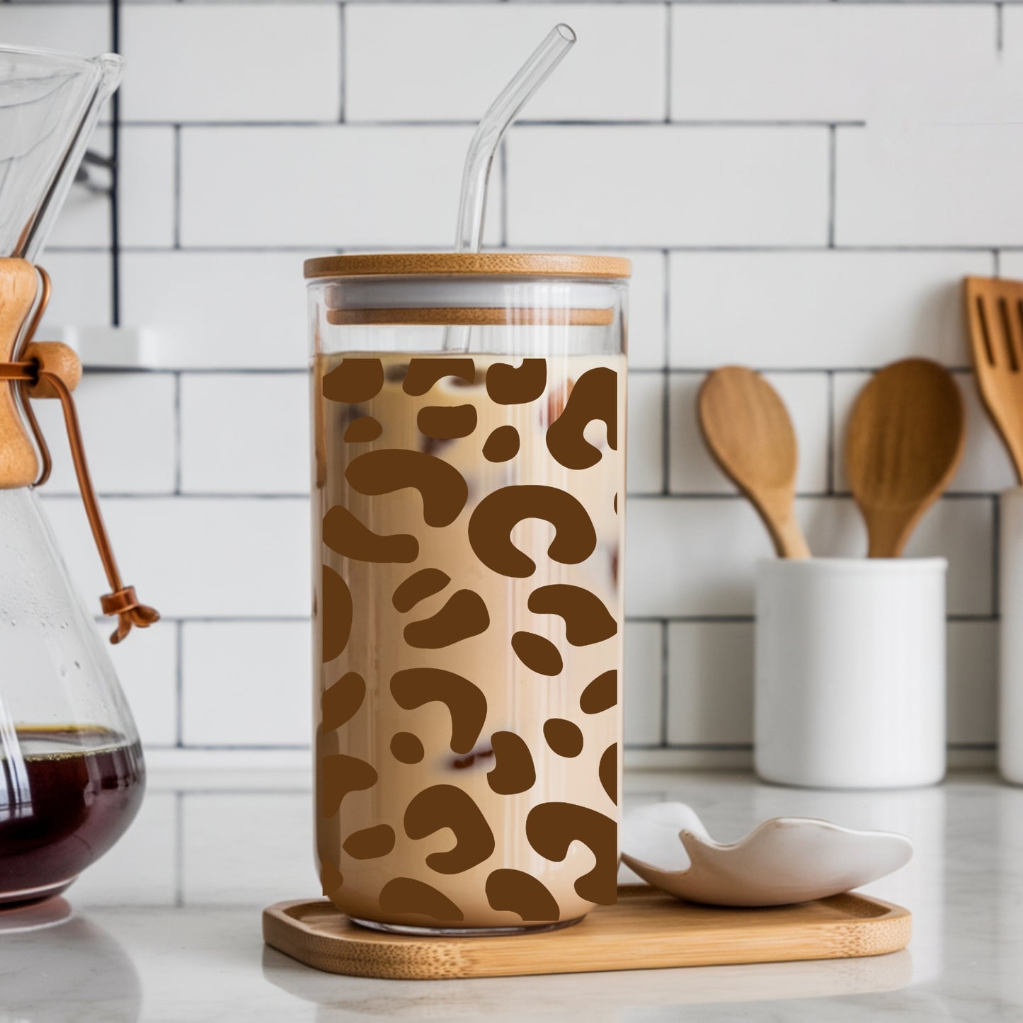 Leopard Pattern 16 oz Glass Tumbler with bamboo lid and glass straw