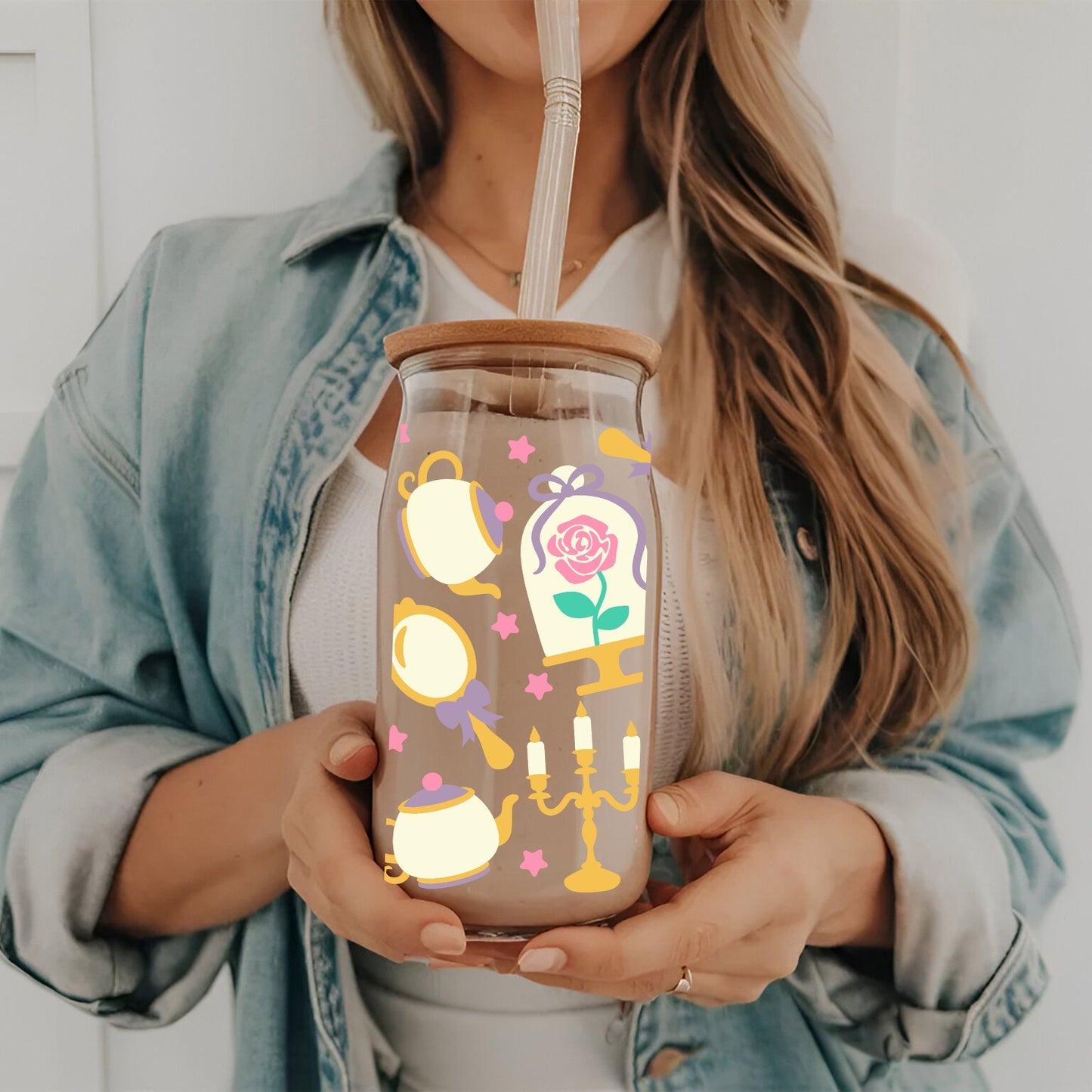 Princess 16 oz Glass Tumbler with bamboo lid and glass straw.