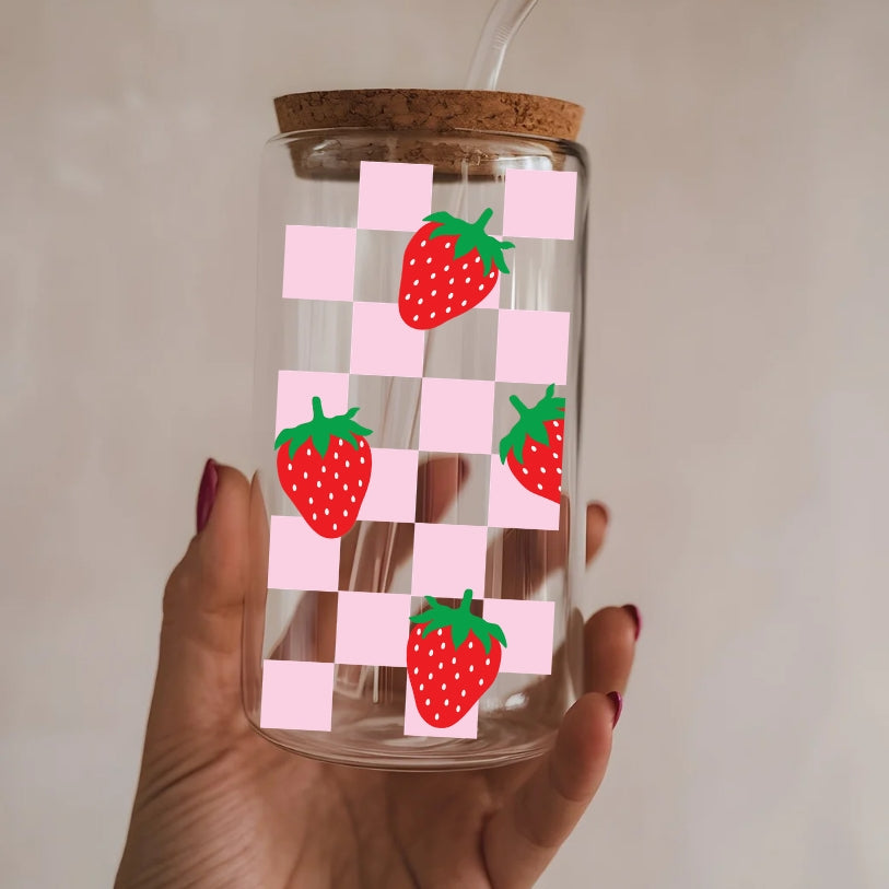 Chequered Strawberries 16 oz Glass Tumbler with bamboo lid and glass straw.