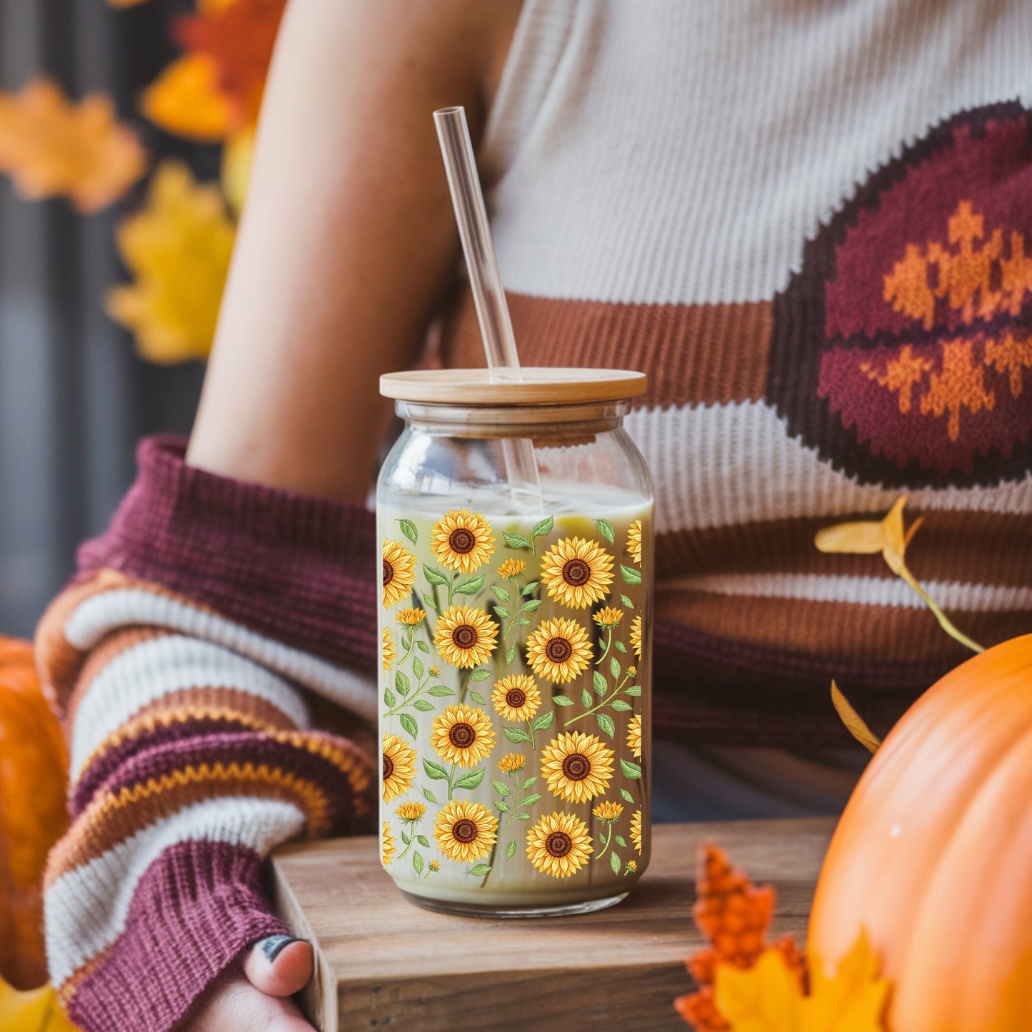 Sunflower Vines oz Glass Tumbler with bamboo lid and glass straw.