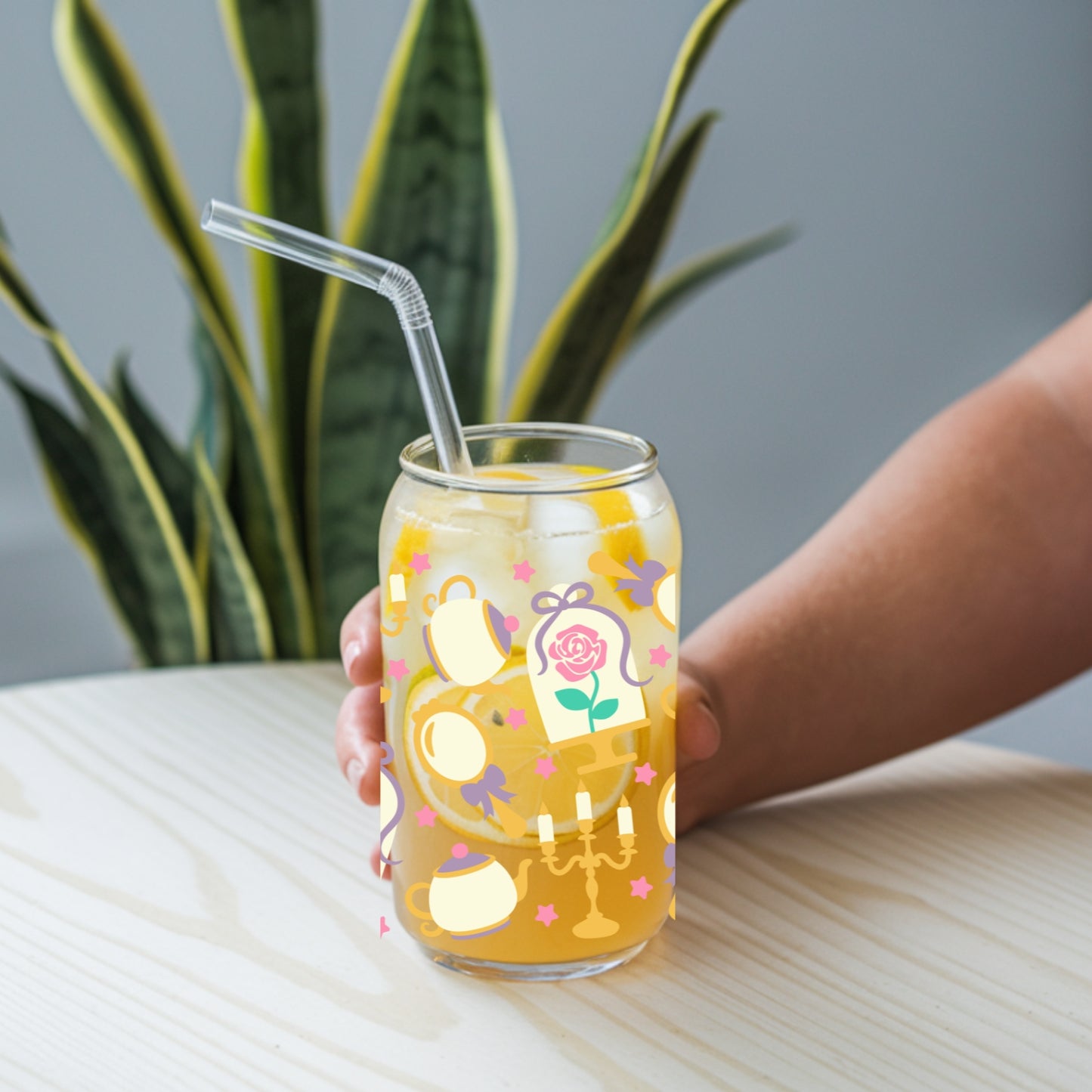 Princess 16 oz Glass Tumbler with bamboo lid and glass straw.