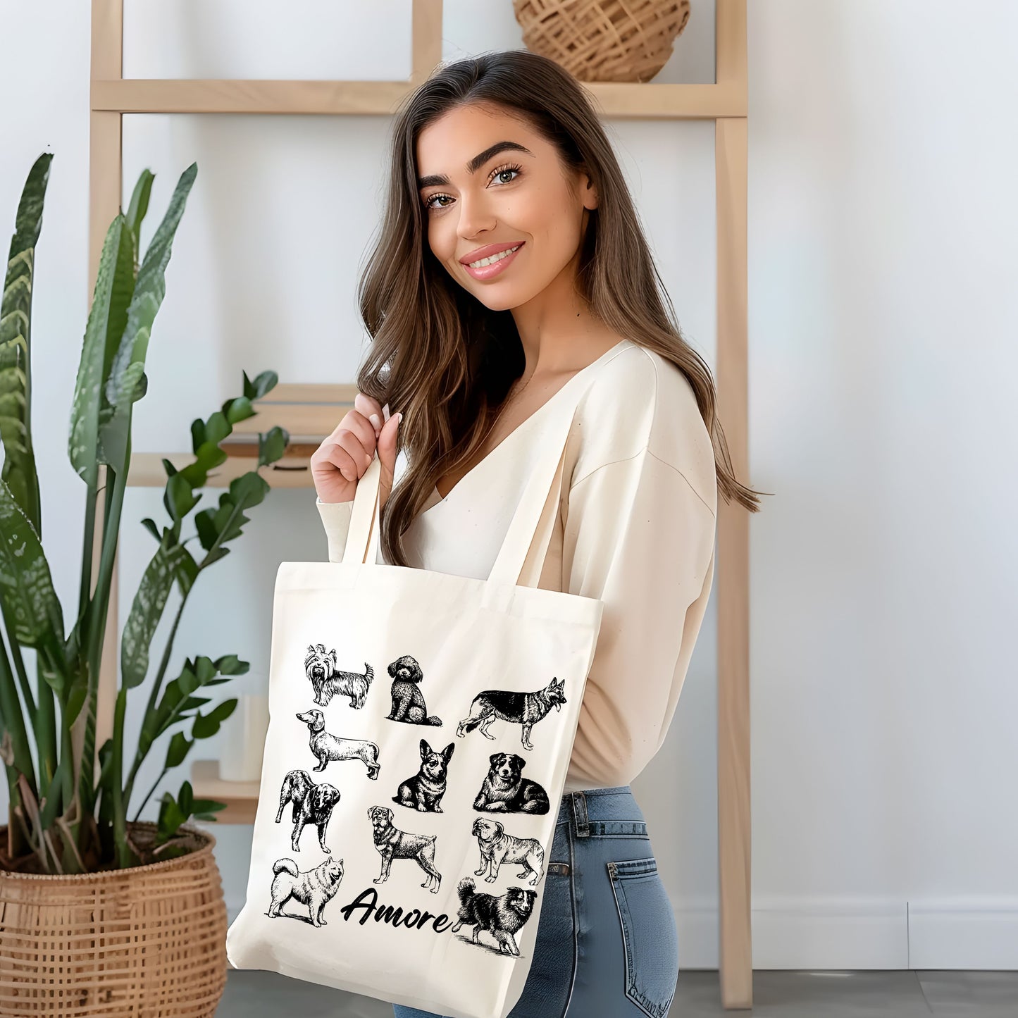 Dogs Amore Hand Drawn Vintage Style Cotton Tote Bag.