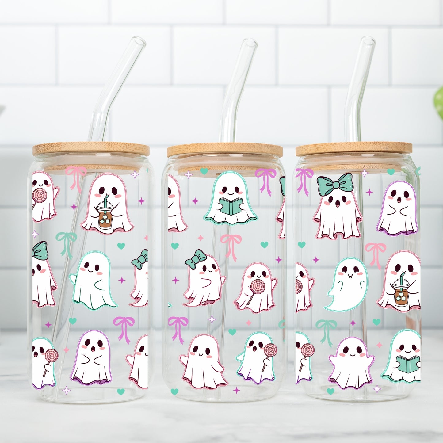Cute Ghosts With Bows 16 oz Glass Tumbler with bamboo lid and glass straw.