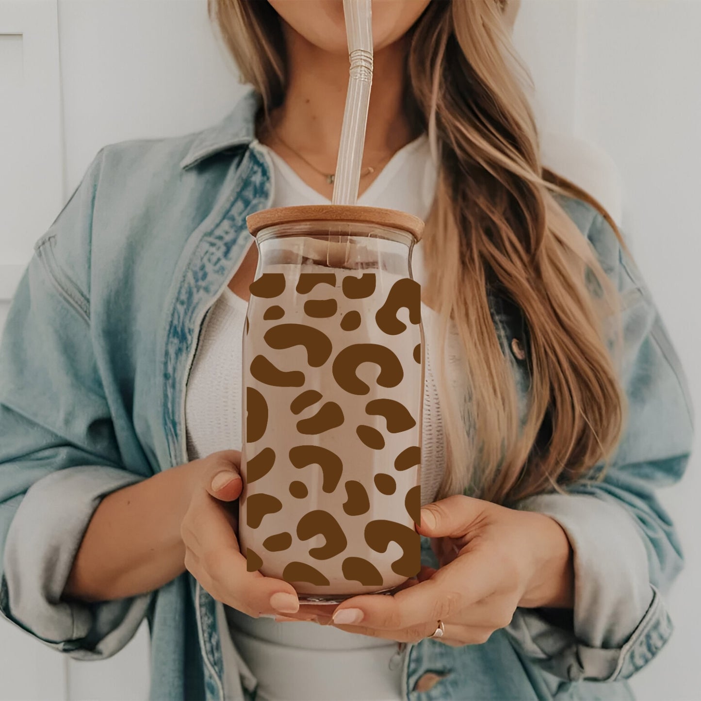 Leopard Pattern 16 oz Glass Tumbler with bamboo lid and glass straw