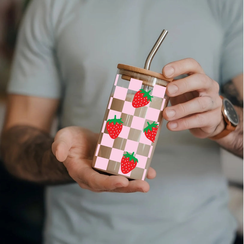 Chequered Strawberries 16 oz Glass Tumbler with bamboo lid and glass straw.