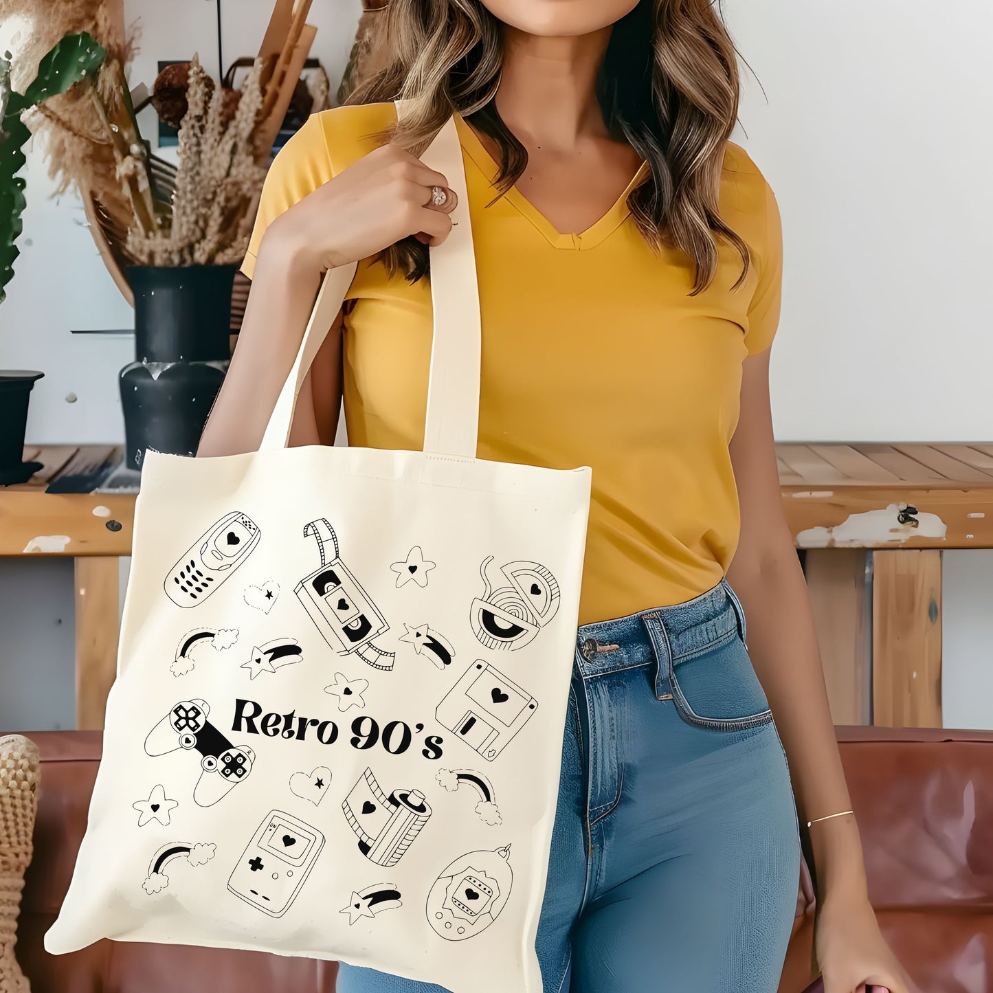 Retro 90's Hand Drawn Vintage Style Cotton Tote Bag.