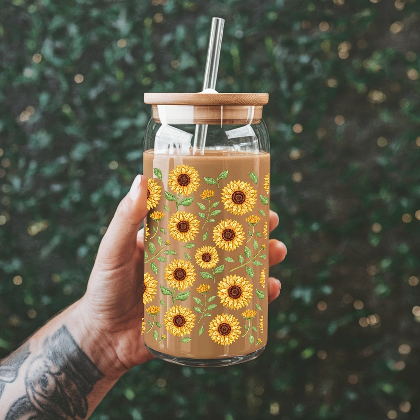 Sunflower Vines oz Glass Tumbler with bamboo lid and glass straw.