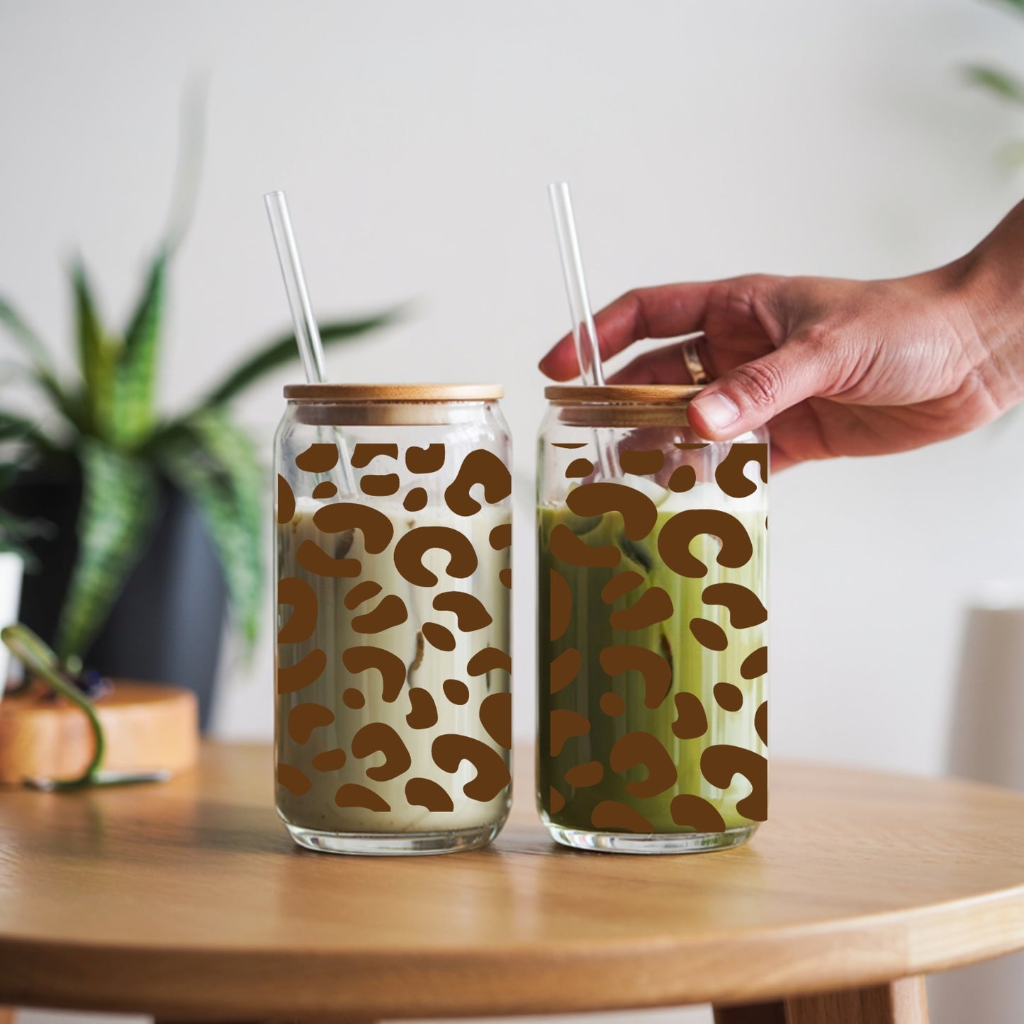 Leopard Pattern 16 oz Glass Tumbler with bamboo lid and glass straw