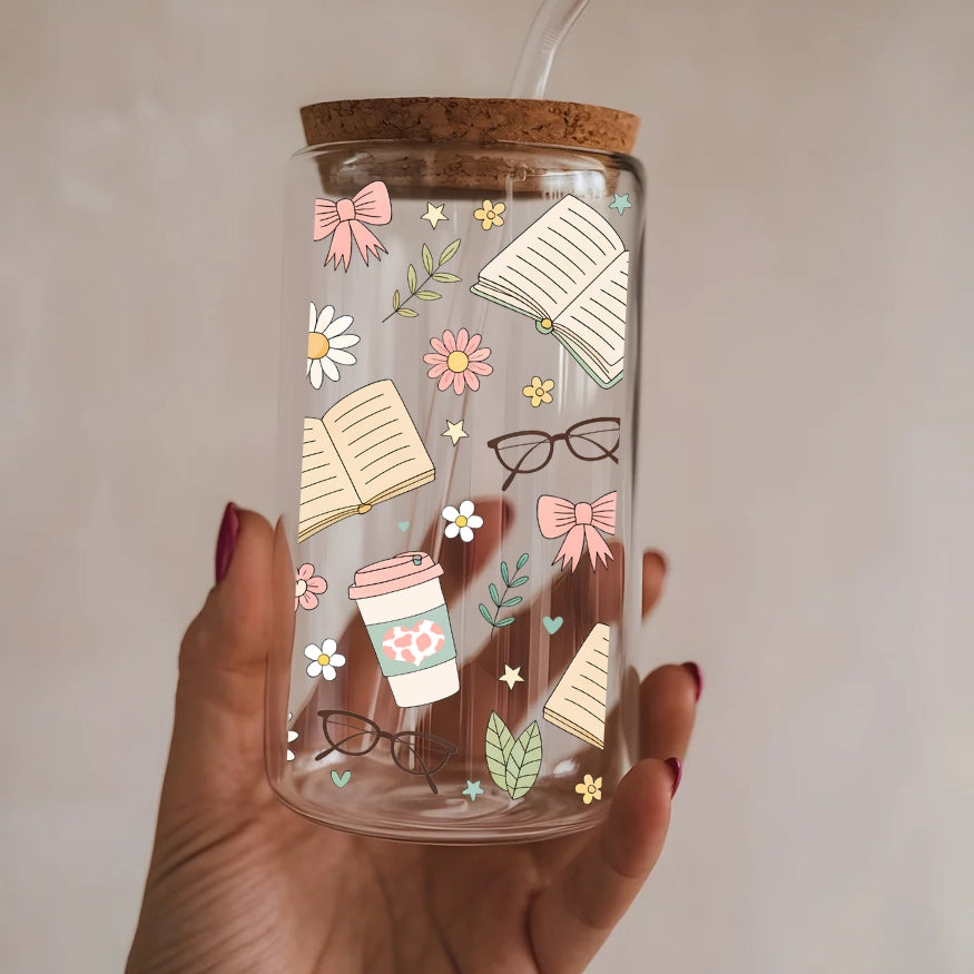 Book Lovers 16 oz Glass Tumbler with bamboo lid and glass straw.