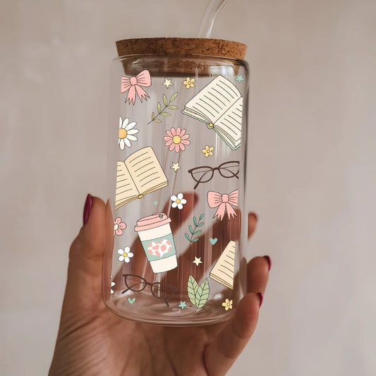 Book Lovers 16 oz Glass Tumbler with bamboo lid and glass straw.
