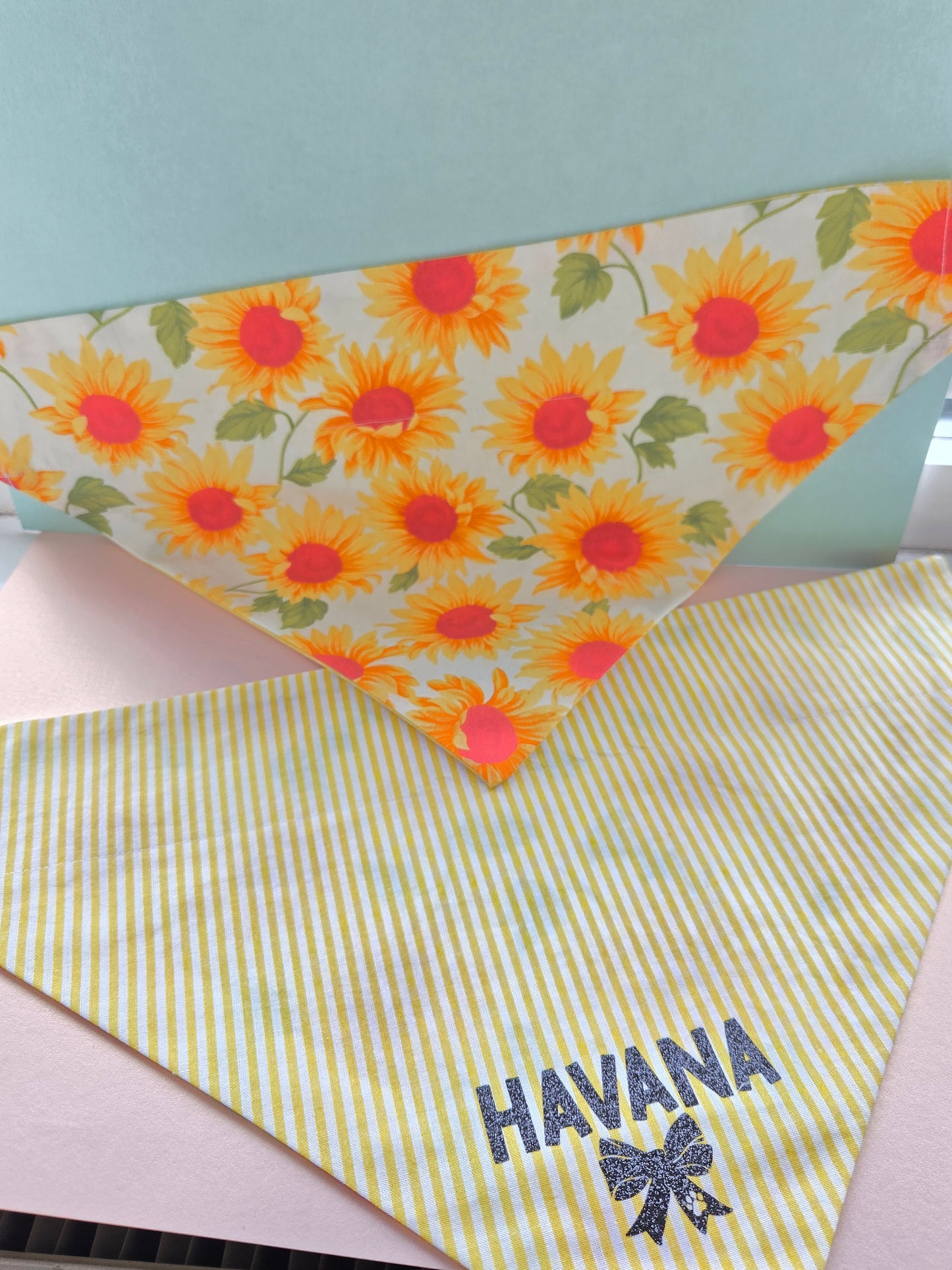 Sunflowers And Stripes/Polka Dots Reversible Patterned Over The Collar Pet Bandana
