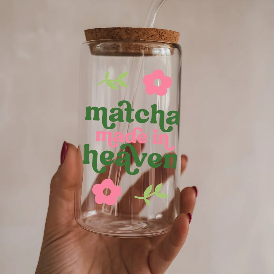 Matcha Made In Heaven 16 oz Glass Tumbler with bamboo lid and glass straw.