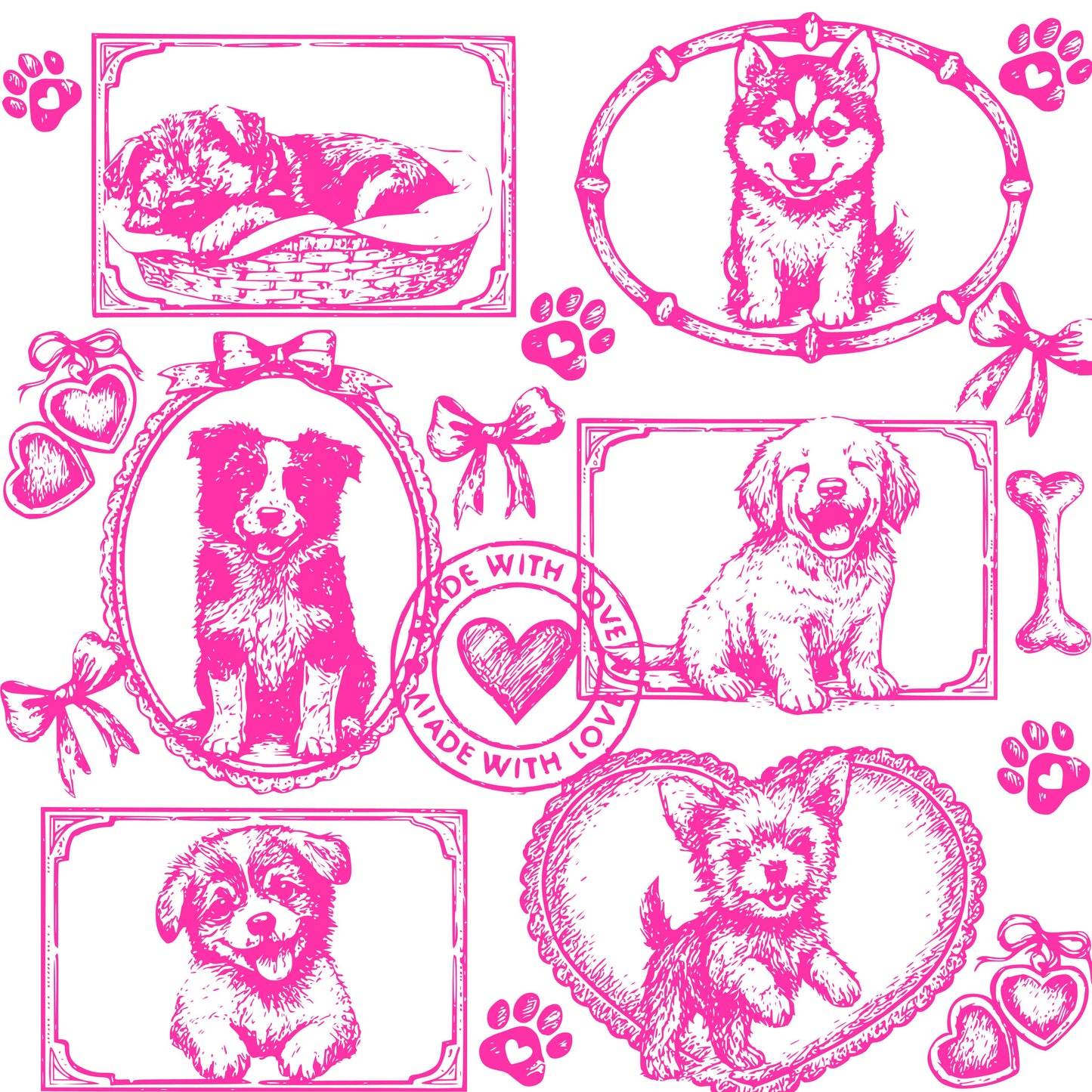 Dogs Vintage Style Gallery Pink Unisex T-Shirt-Set 1.