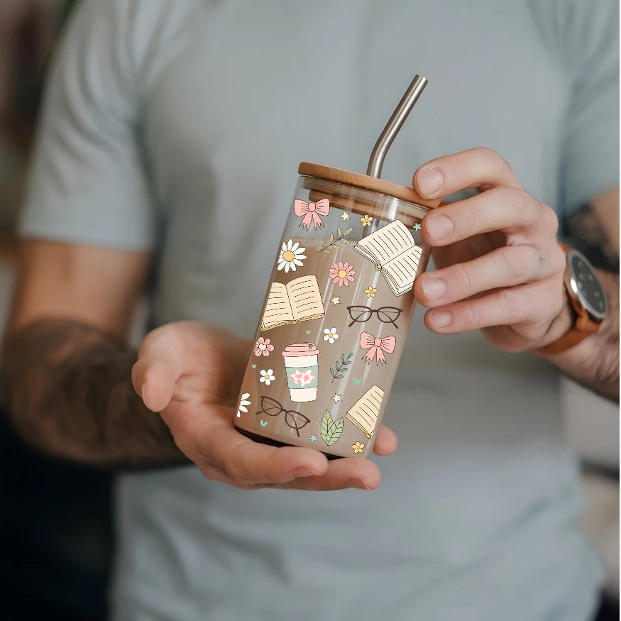 Book Lovers 16 oz Glass Tumbler with bamboo lid and glass straw.