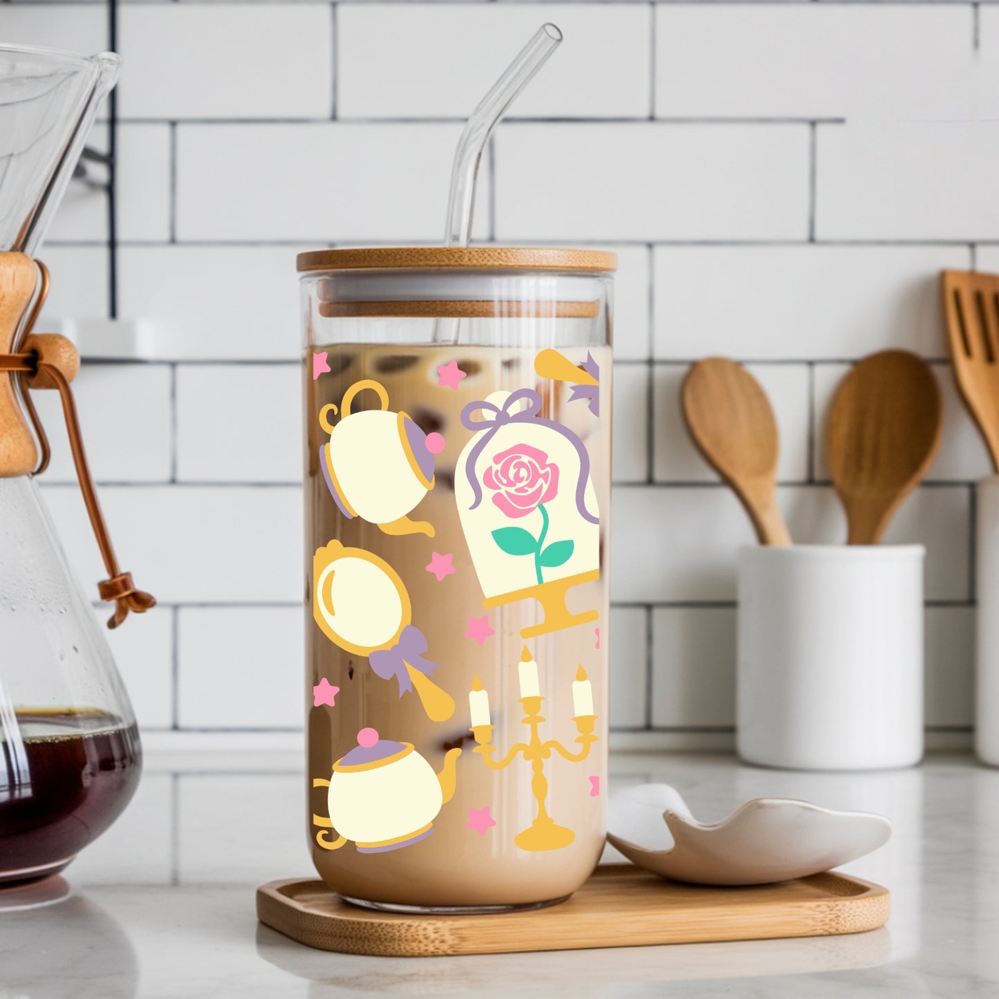 Princess 16 oz Glass Tumbler with bamboo lid and glass straw.