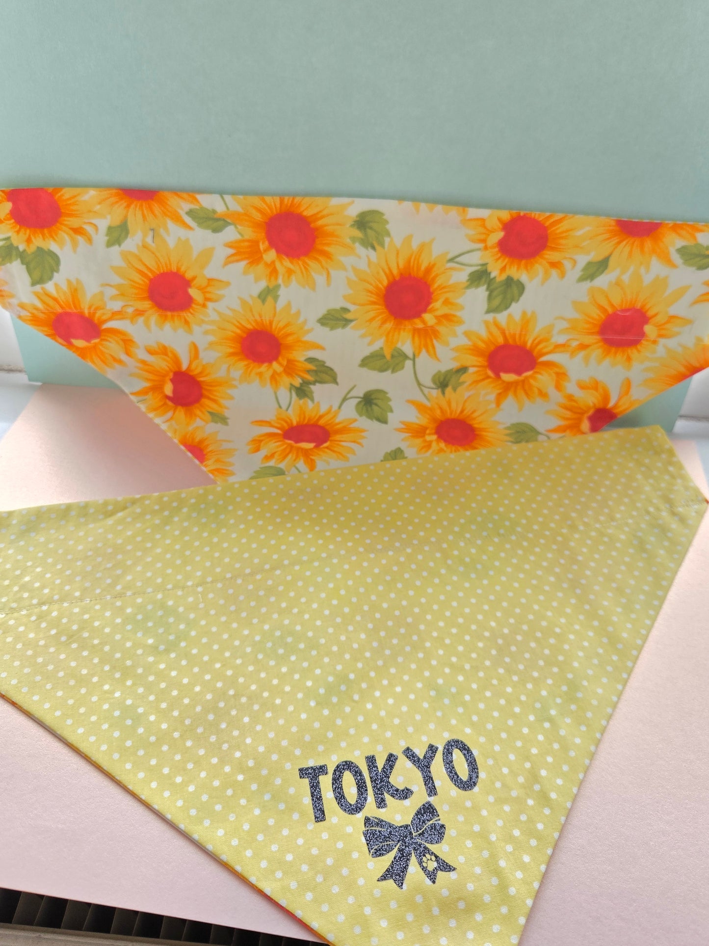 Sunflowers And Stripes/Polka Dots Reversible Patterned Over The Collar Pet Bandana