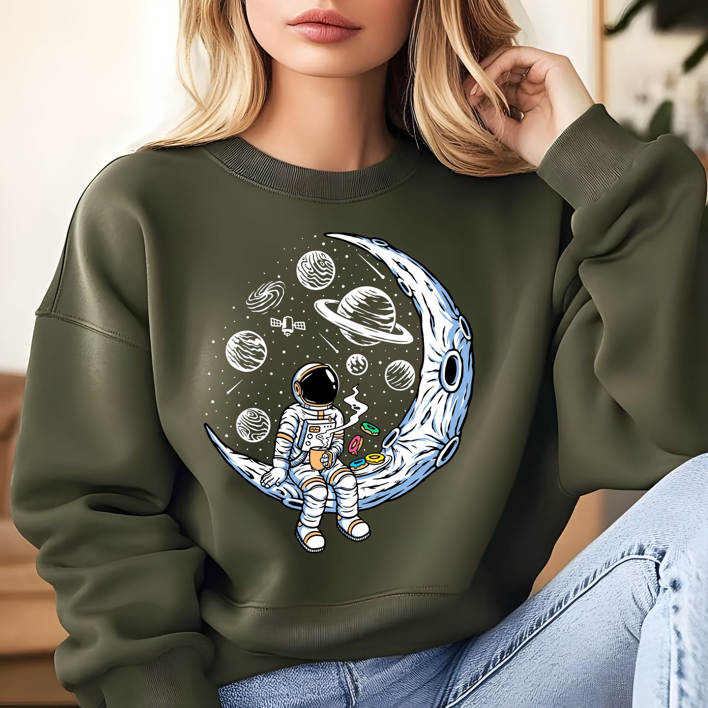 Astronaut with cup of Tea/Coffee with Doughnuts Unisex Sweatshirt.