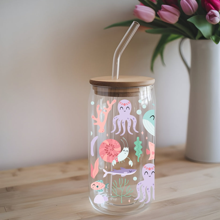 Sea/Ocean Animals 16 oz Glass Tumbler with bamboo lid and glass straw.