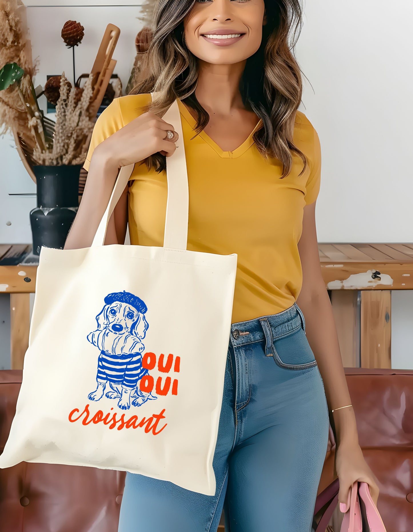 French Dog With Croissant Tote Bag