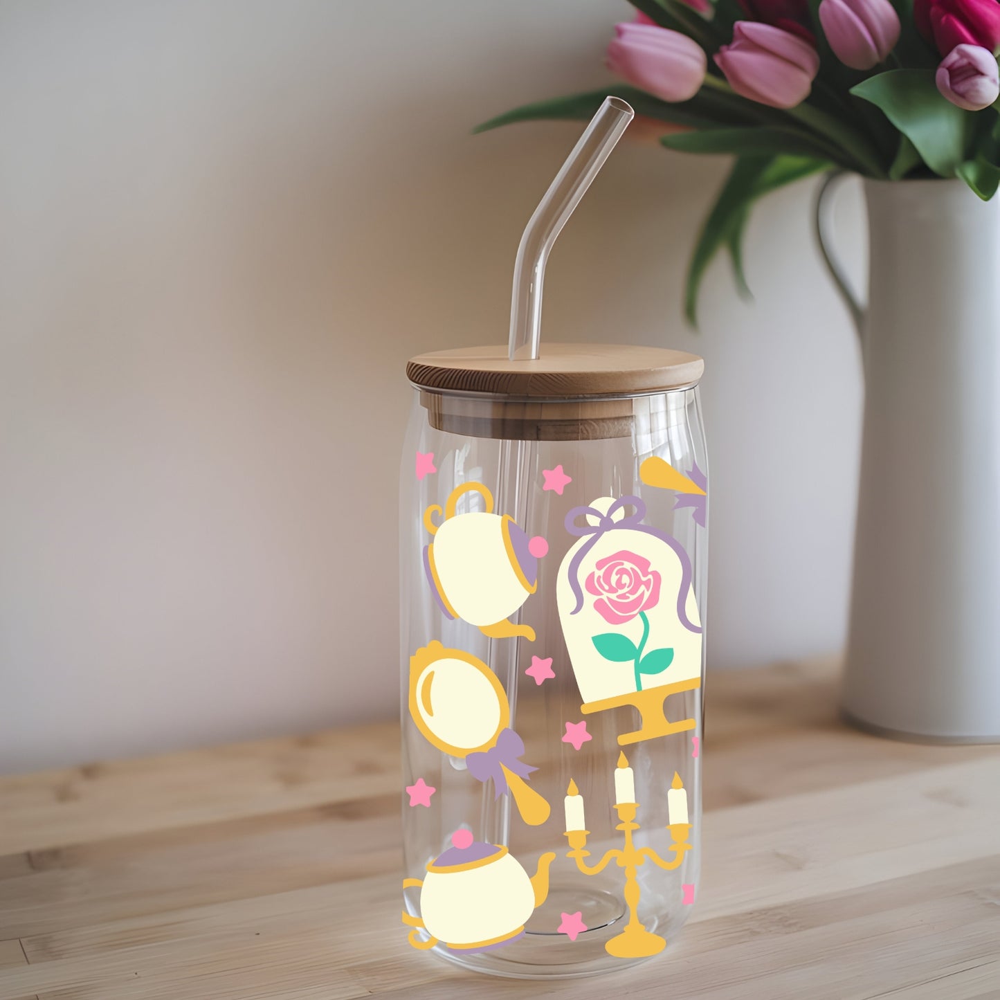Princess 16 oz Glass Tumbler with bamboo lid and glass straw.