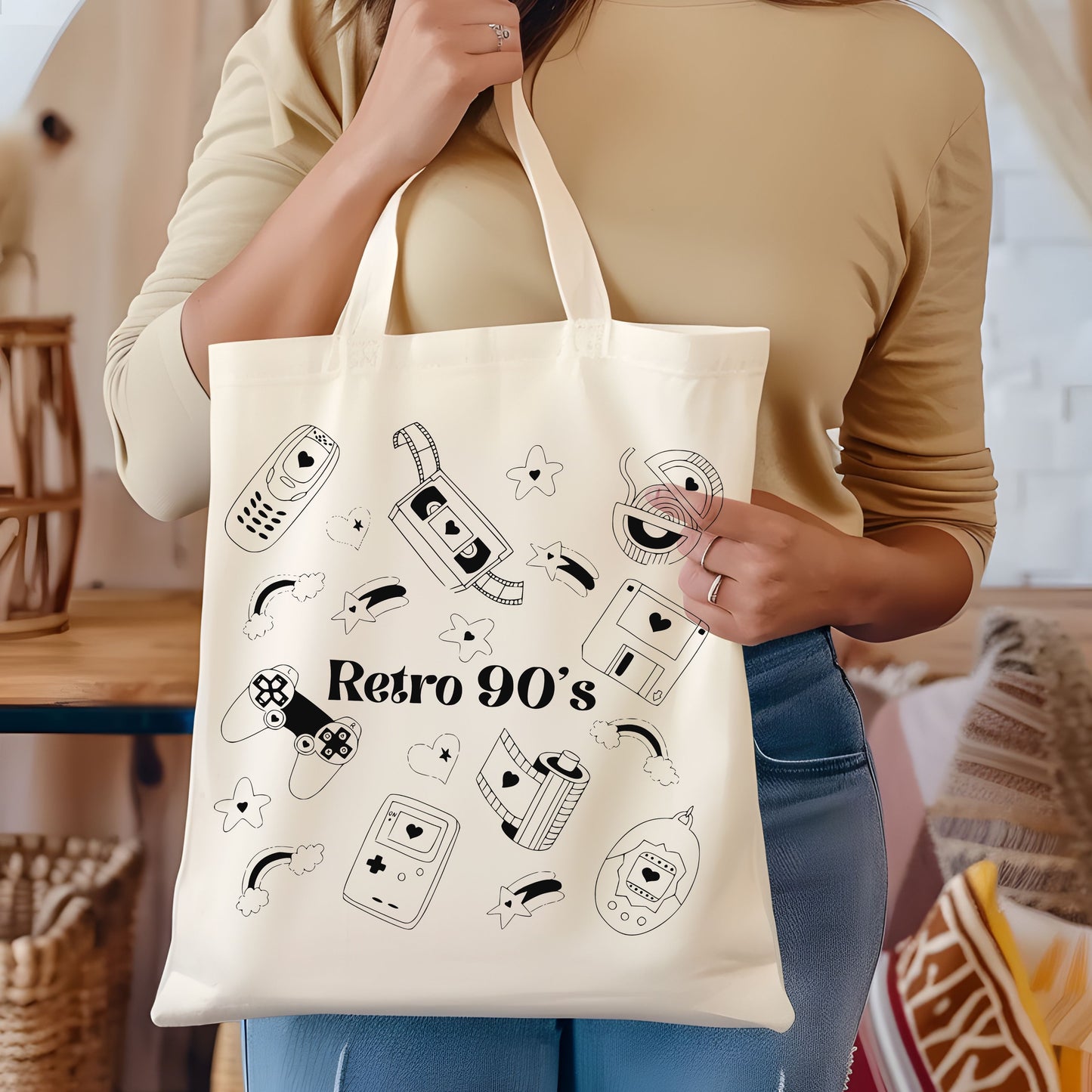 Retro 90's Hand Drawn Vintage Style Cotton Tote Bag.