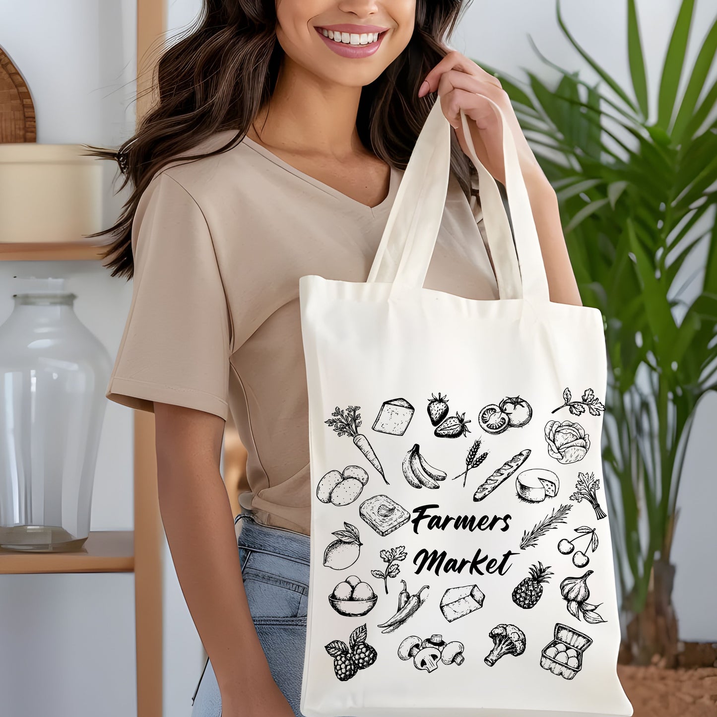 Farmers Market Hand Drawn Vintage Style Cotton Tote Bag.