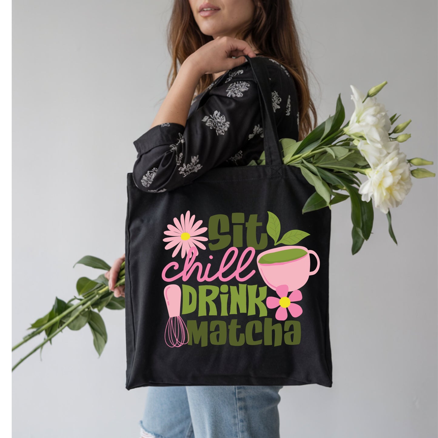 Sit, Chill, Drink, Matcha Cotton Tote Bag.