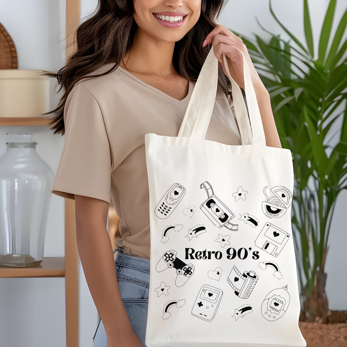 Retro 90's Hand Drawn Vintage Style Cotton Tote Bag.