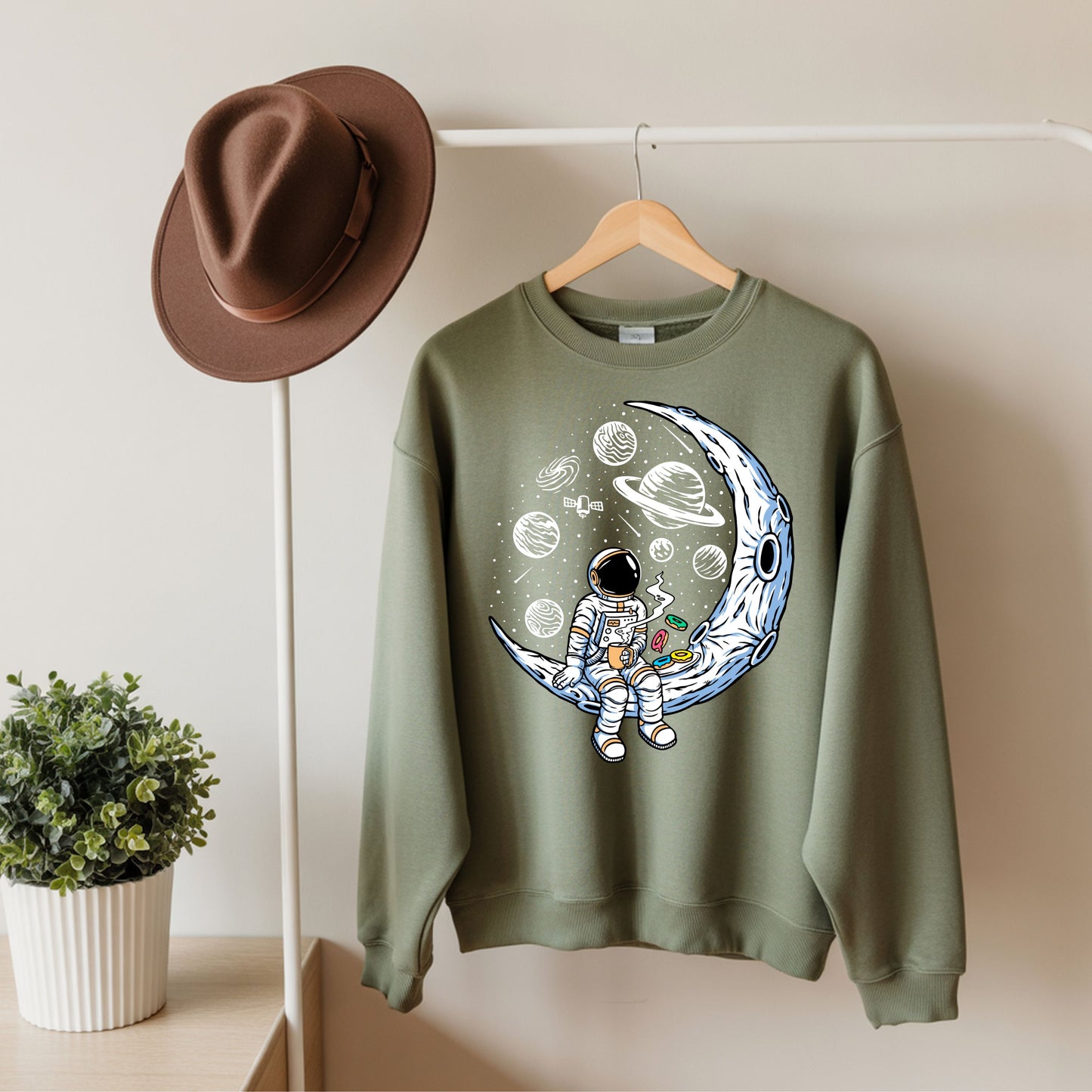 Astronaut with cup of Tea/Coffee with Doughnuts Unisex Sweatshirt.