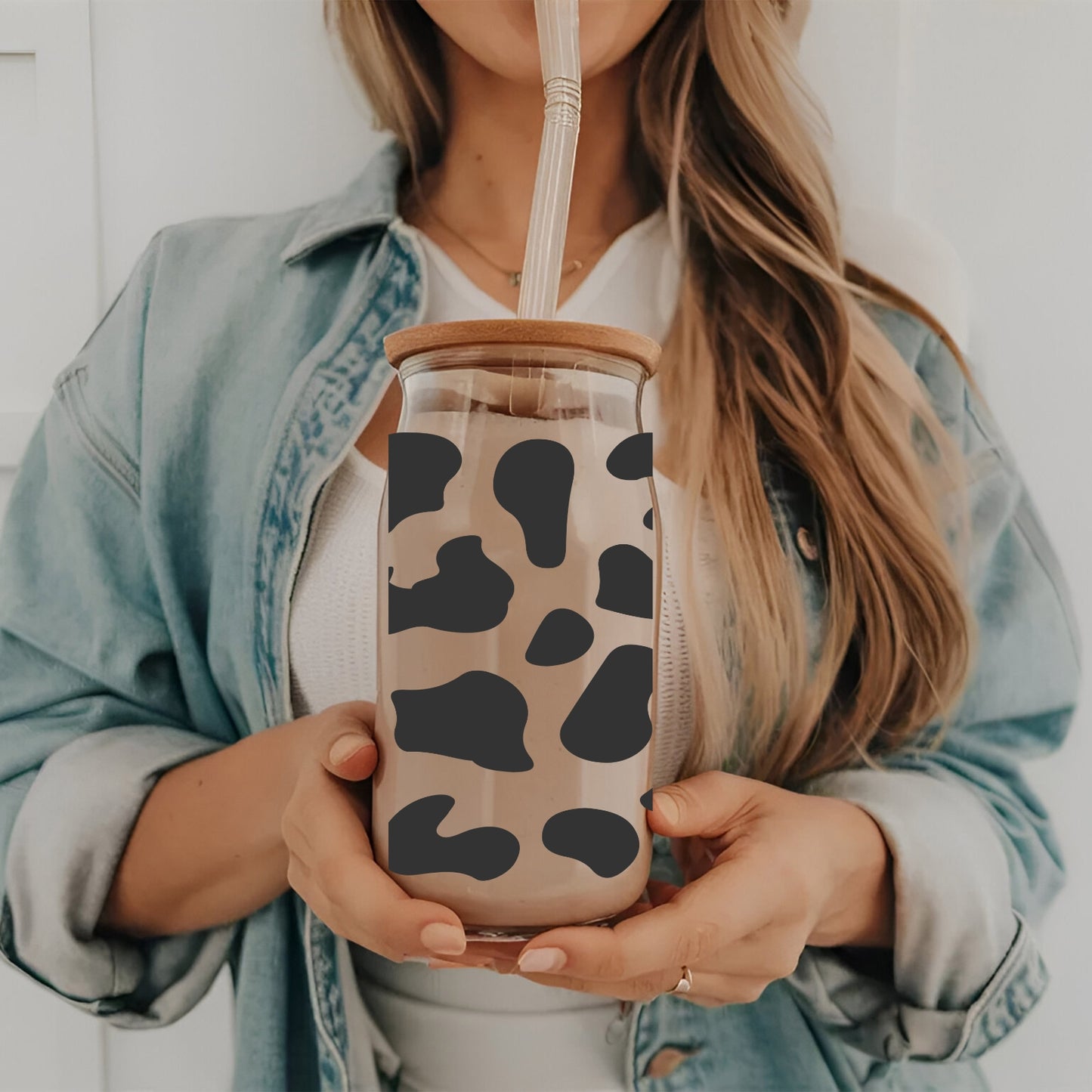 Cow Pattern 16 oz Glass Tumbler with bamboo lid and glass straw