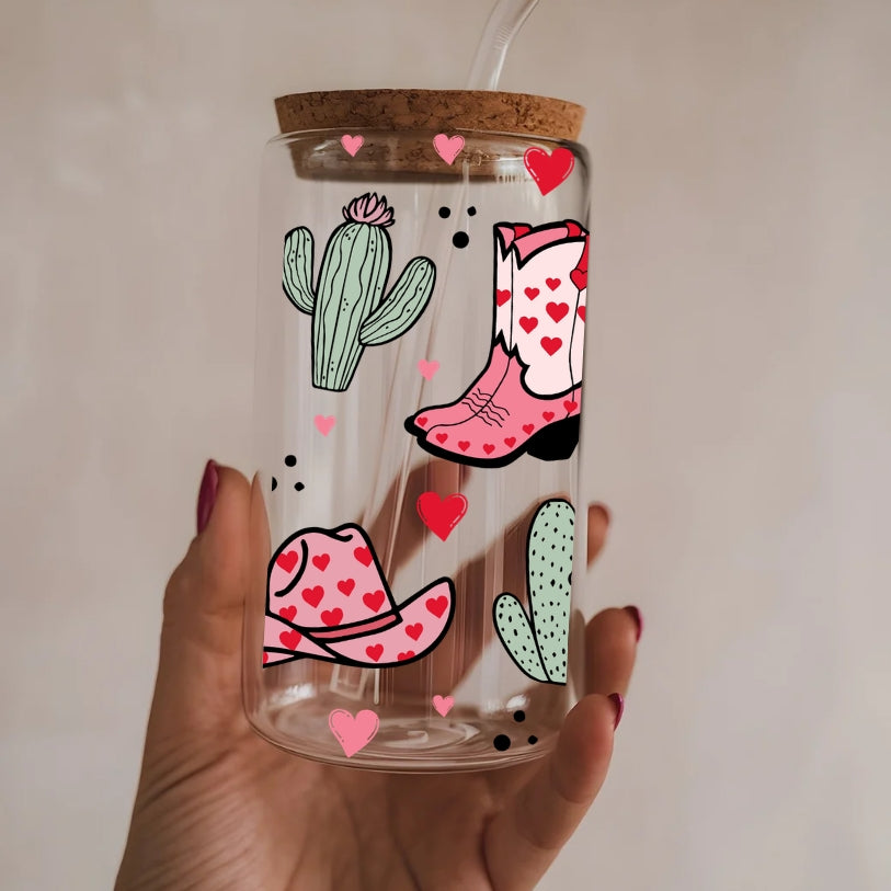 Western Cowgirls 16 oz Glass Tumbler with bamboo lid and glass straw.