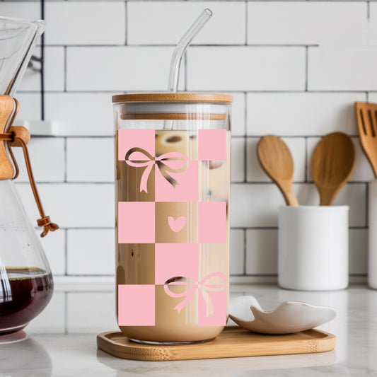 Chequered Coquette Bows And Hearts 16 oz Glass Tumbler with bamboo lid and glass straw.