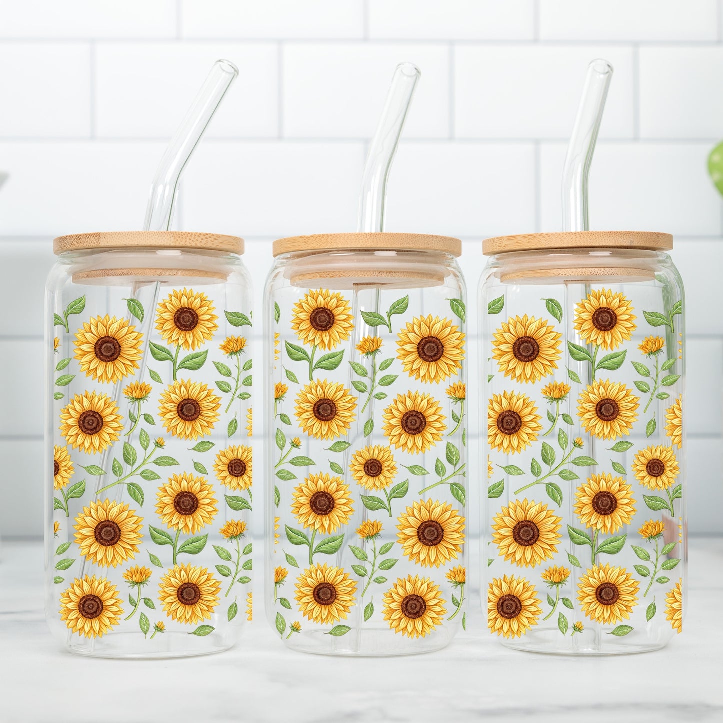 Sunflower Vines oz Glass Tumbler with bamboo lid and glass straw.