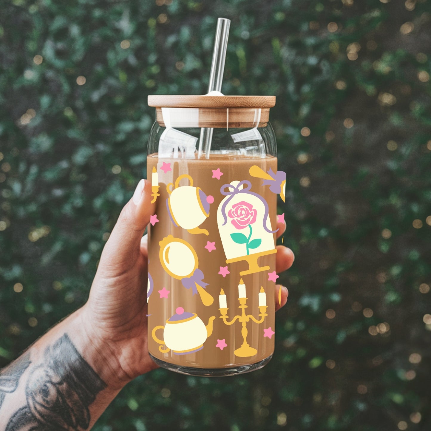 Princess 16 oz Glass Tumbler with bamboo lid and glass straw.