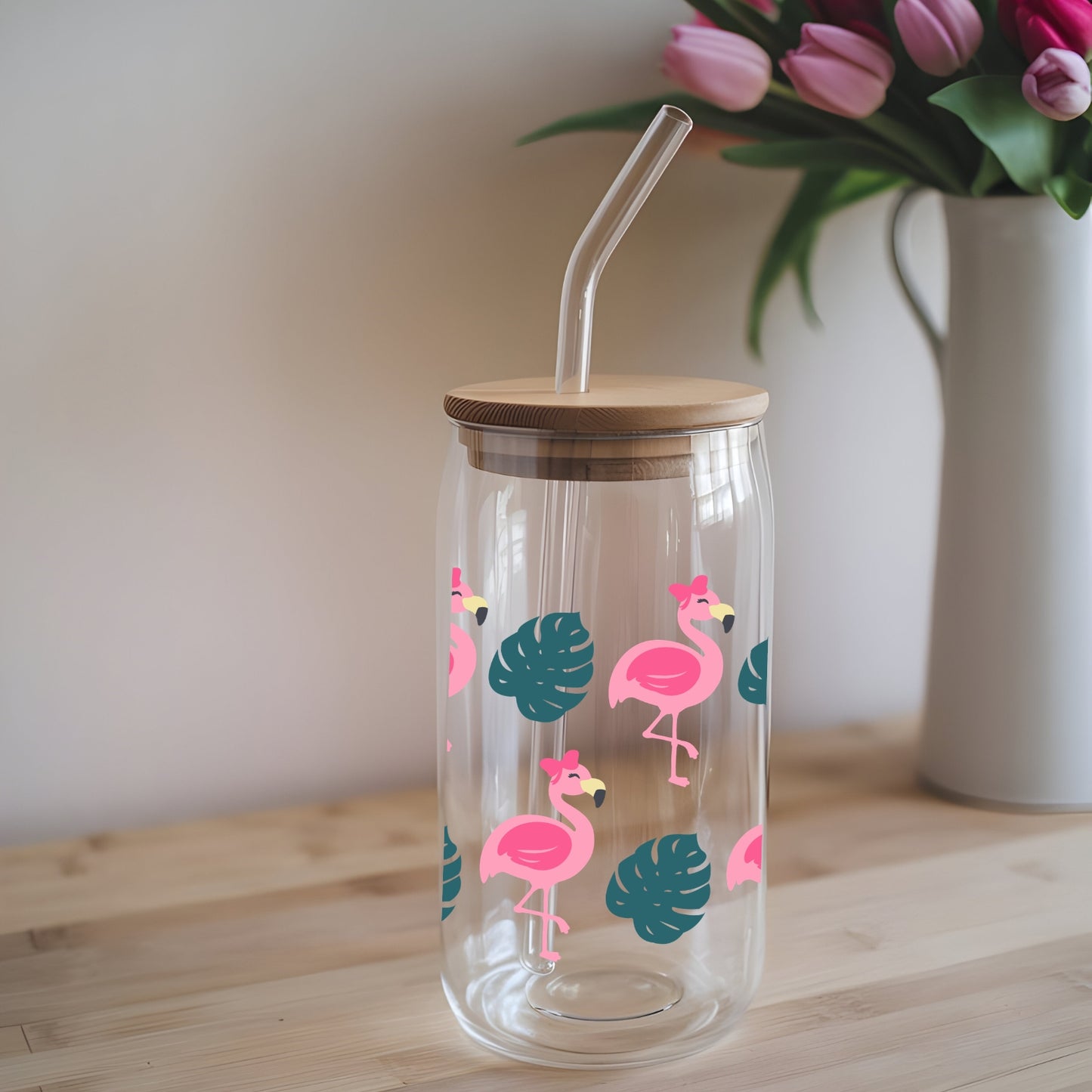 Flamingos With Bows 16 oz Glass Tumbler with bamboo lid and glass straw.