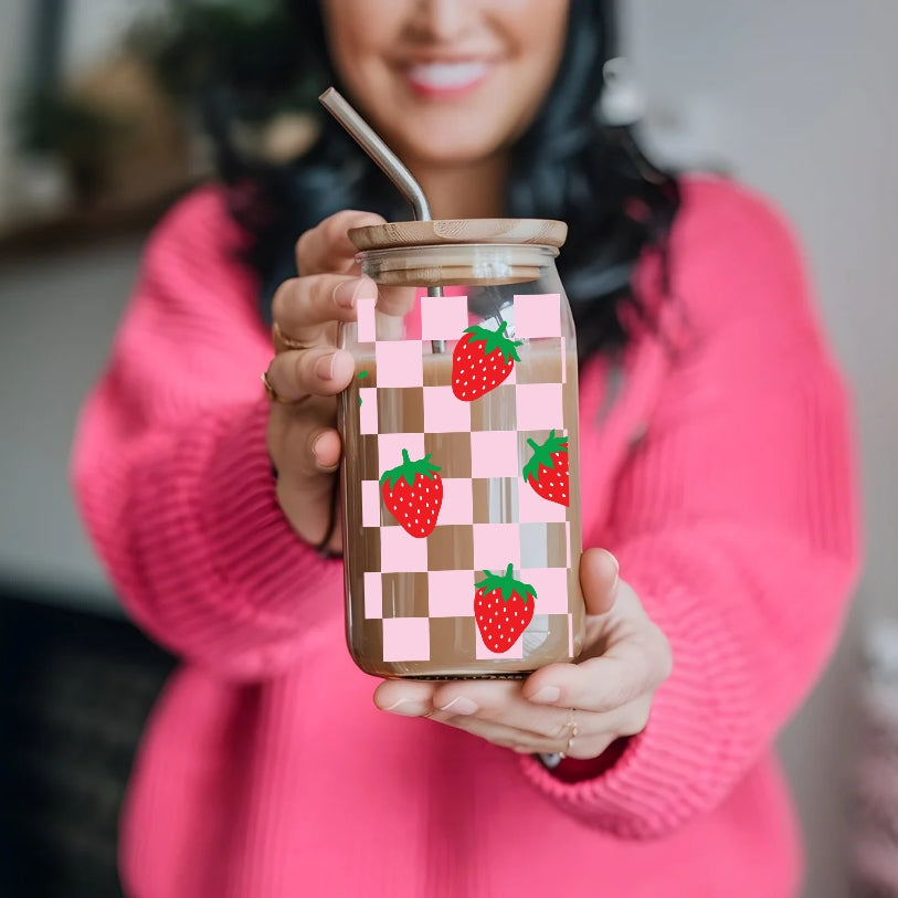 Chequered Strawberries 16 oz Glass Tumbler with bamboo lid and glass straw.