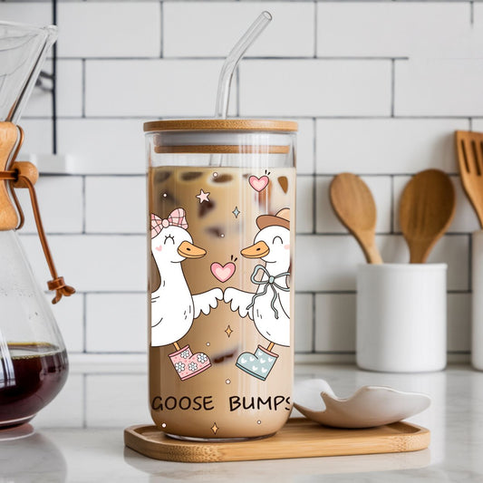 Geese Couple 16 oz Glass Tumbler with bamboo lid and glass straw.